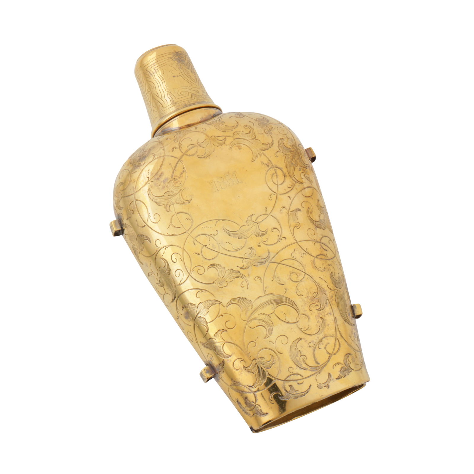 Saint Petersburg 1849 by Johann Bernhard Hertz (active from 1834, d.1855) An Alexander II mid-19th: Saint Petersburg 1849 by Johann Bernhard Hertz (active from 1834, d.1855) An Alexander II mid-19th century Russian 84 zolotnik silver gilt hunting flask of rounded form with twin belt holders either s