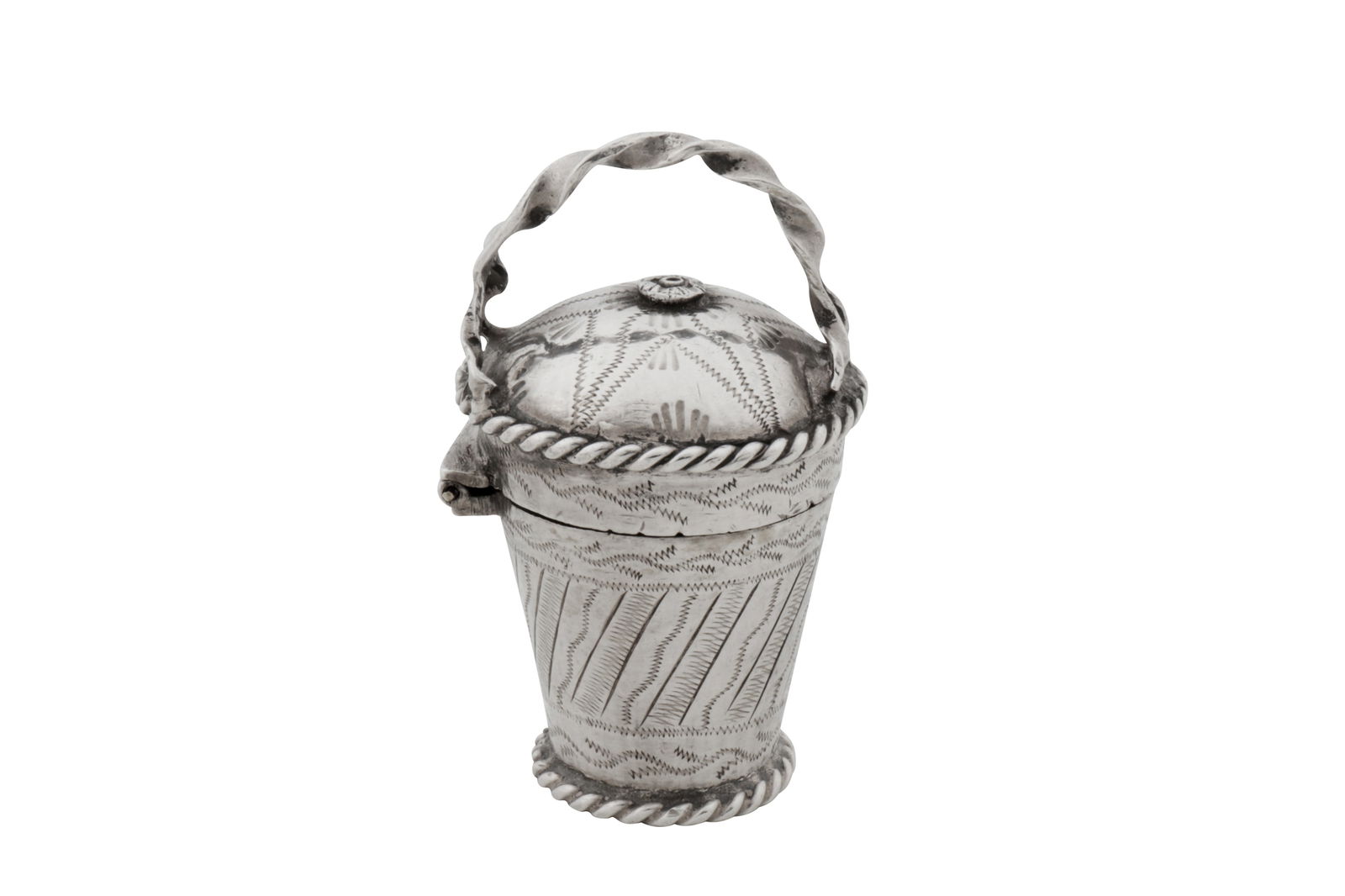 Maltese circa 1790 A late 18th century silver scent flask (balsamina): Maltese circa 1790 A late 18th century silver scent flask (balsamina) De Rohan period. Of tapering cylindrical basket form with a hinged lid with a twisted wire handle, engraved decoration of a star t