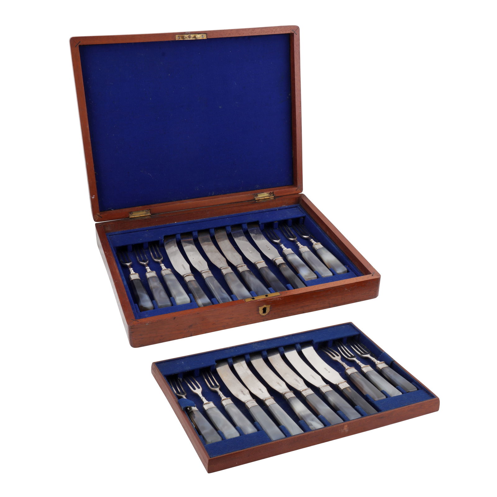 Sheffield 1879 by Henry Wilkinson and Co A cased set of Victorian sterling silver and banded blue: Sheffield 1879 by Henry Wilkinson and Co A cased set of Victorian sterling silver and banded blue agate fruit eaters Comprising twelve fruit forks and twelve fruit knives. One fork and three knives la