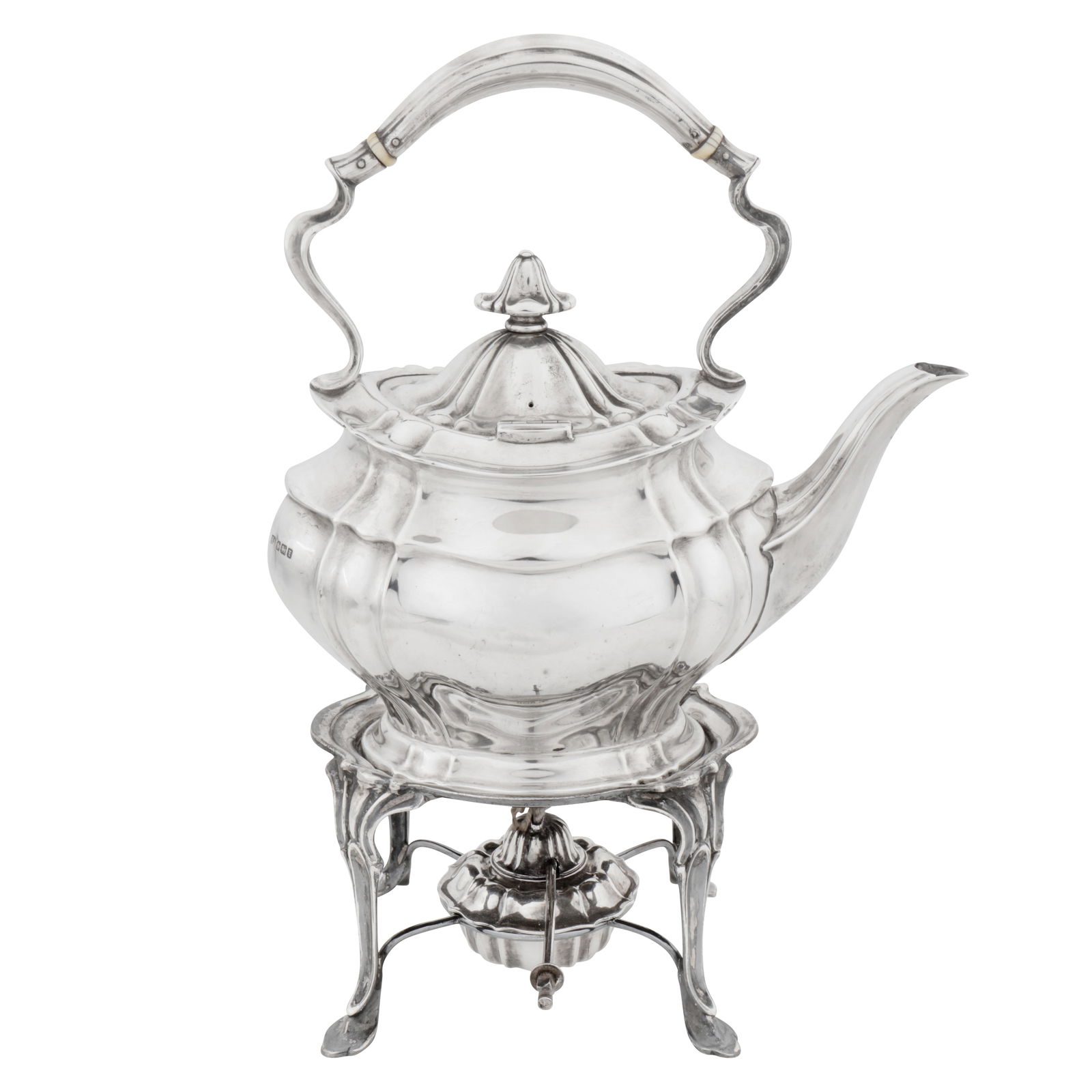 Sheffield 1915 by Henry Atkin A George V sterling silver kettle on burner stand: Sheffield 1915 by Henry Atkin A George V sterling silver kettle on burner stand Of ogee oval form with a curved spout, a shaped handle fitted with natural insulators, the base upon four legs with a li