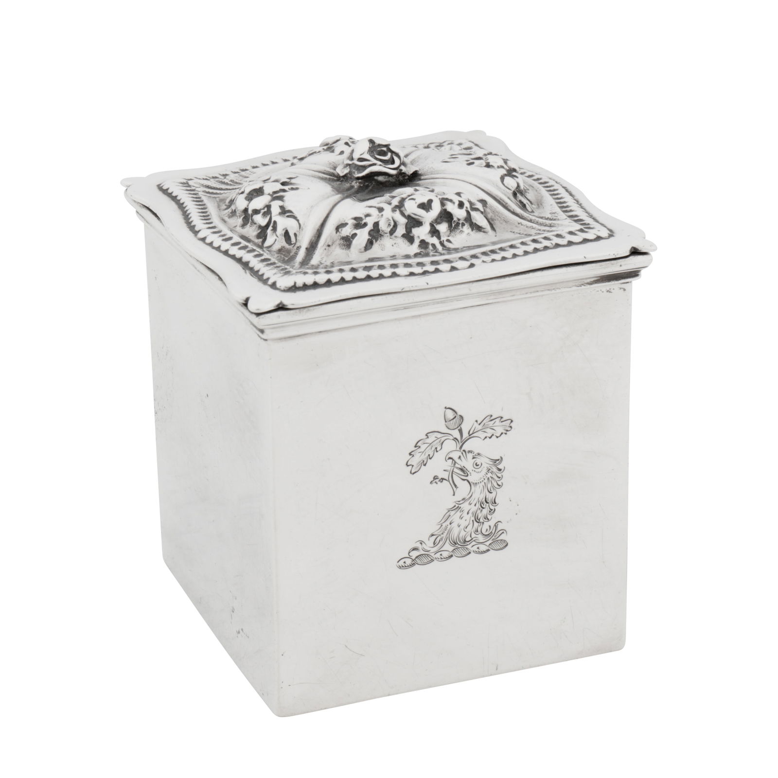 London 1842 by Charles Thomas Fox and George Fox A Victorian sterling silver tea caddy: London 1842 by Charles Thomas Fox and George Fox A Victorian sterling silver tea caddy Of rectangular form with a hinged domed