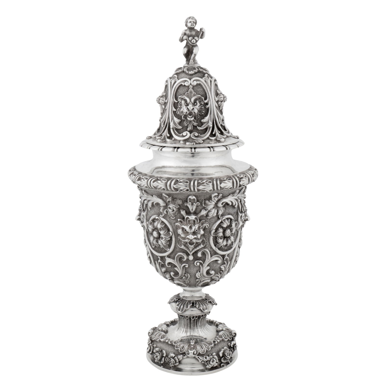 London 1898 by George Fox A heavy Victorian sterling silver vase and cover: London 1898 by George Fox A heavy Victorian sterling silver vase and cover In the historicist manner, of rounded form upon a pedestal foot, the pulled off high domed lid surmounted by a finial of a ch