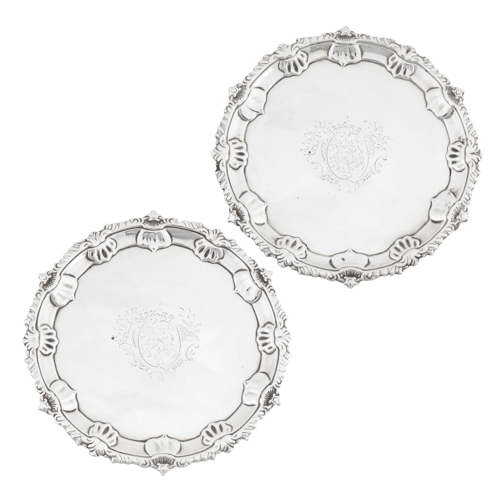 London 1763 by Richard Rugg A pair of early George III sterling silver waiters (1 of 4)