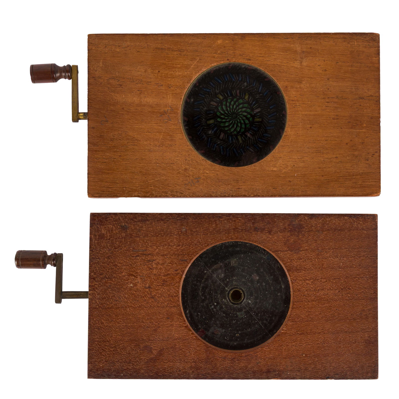 A Wooden Mechanical Astronomical Magic Lantern Slide: A Wooden Mechanical Astronomical Magic Lantern Slide "The Solar System, shewing the Revolution of all the Planets with their Satellites round the Sun" paper title label and distributors label affixed