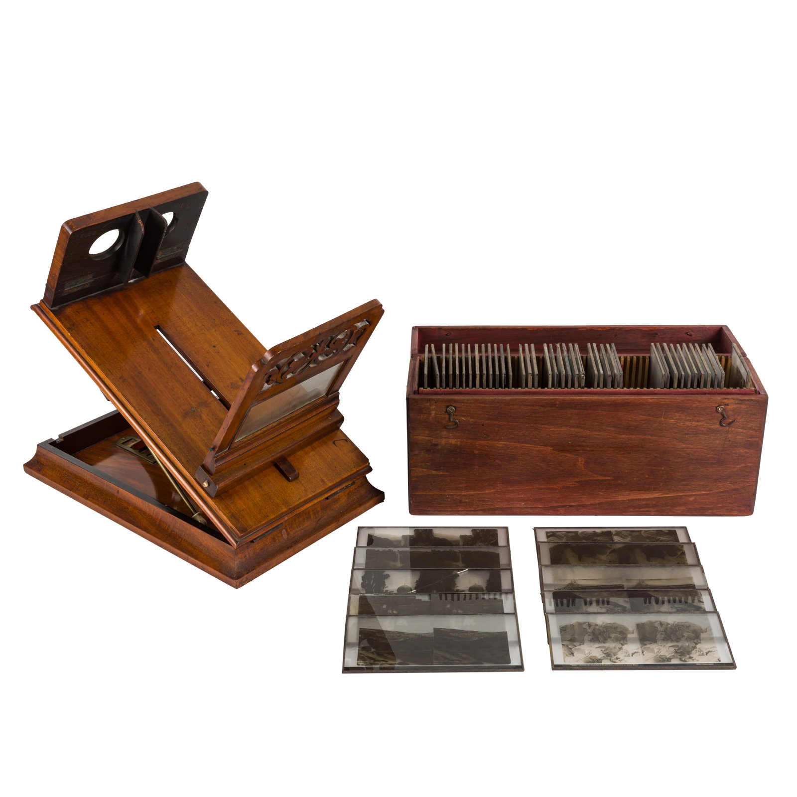 A Tabletop Stereo Graphoscope together with Stereo Glass Diapositives: A Tabletop Stereo Graphoscope together with Stereo Glass Diapositives Unmarked, with stereo and graphoscope viewing lenses, in overall F/G condition, together with a group of 48 good stereo diapositiv