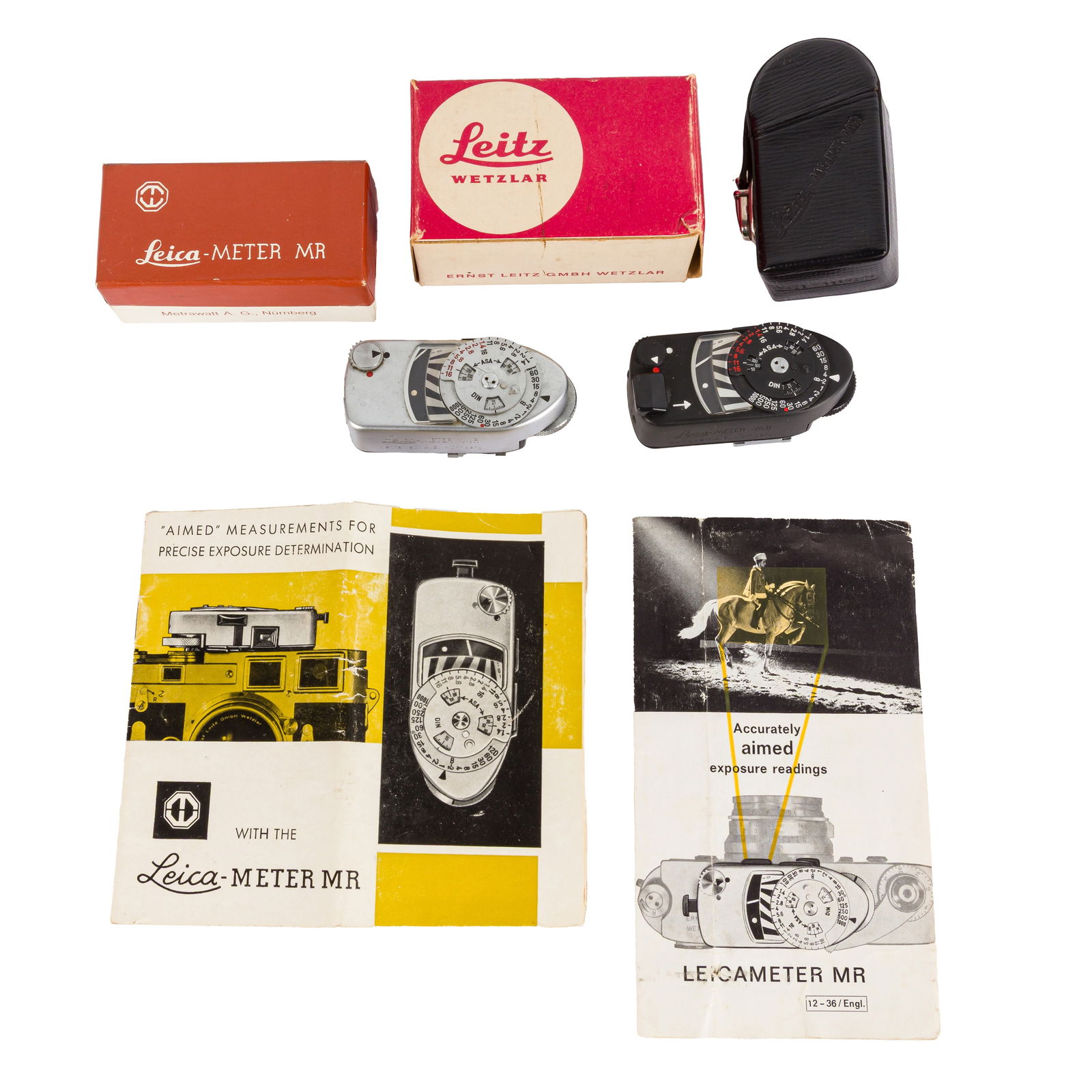 A Pair of Leica Meter MR Light Meters: A Pair of Leica Meter MR Light Meters A Black Chrome Leica Meter MR Serial No: 69796 Body: G Notes: responsive and with maker's ERC A Chrome Leica Meter MR Serial No: 23803 Body: E Notes: untested, in