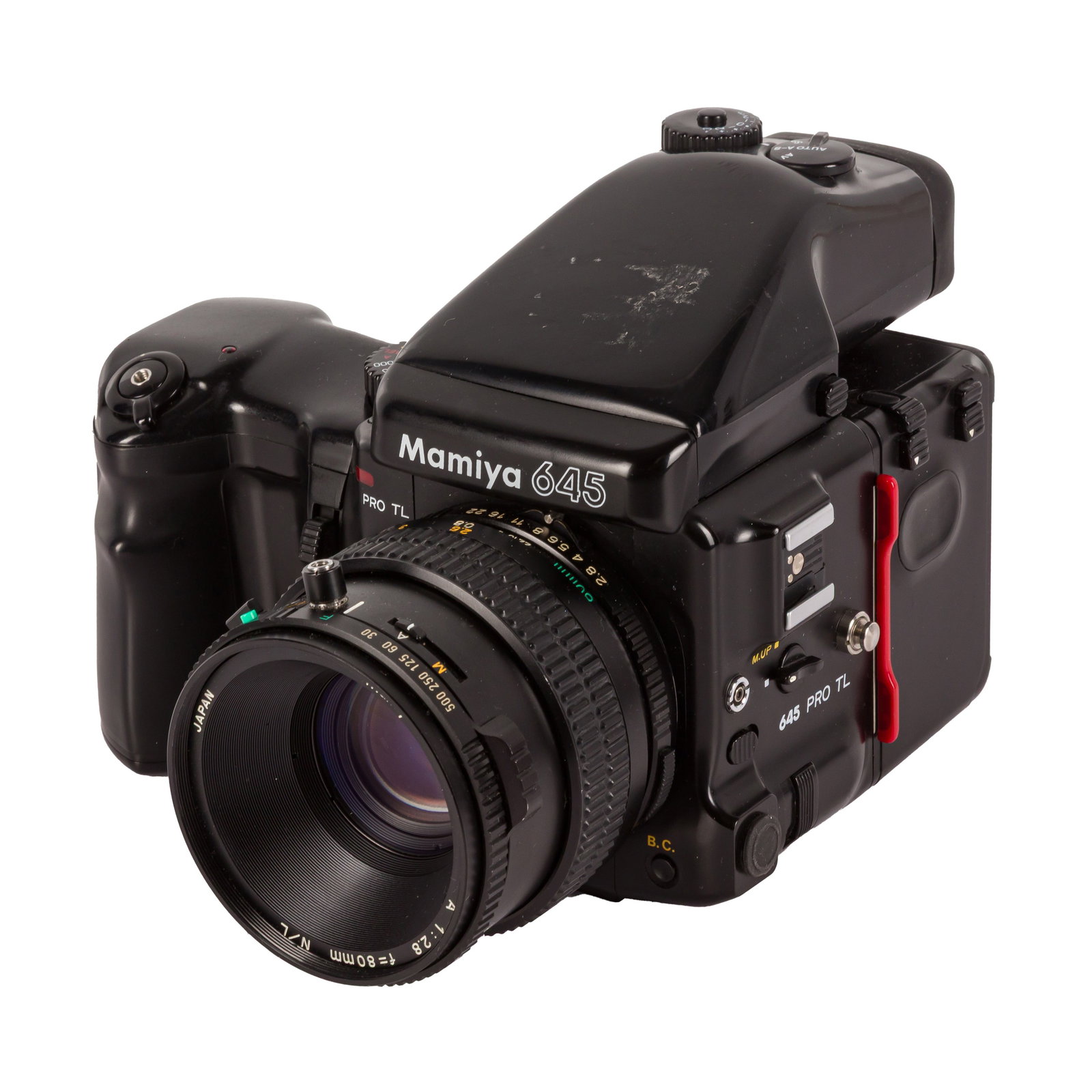A Mamiya 645 Pro TL Medium Format SLR Camera: A Mamiya 645 Pro TL Medium Format SLR Camera Serial No: QG1429 (body) BB1009 (grip) PB1365 Body: G Shutter: untested Lens: Mamiya 80mm f/2.8 N/L (OO1681) Optics: VG Notes: movements functional, possib
