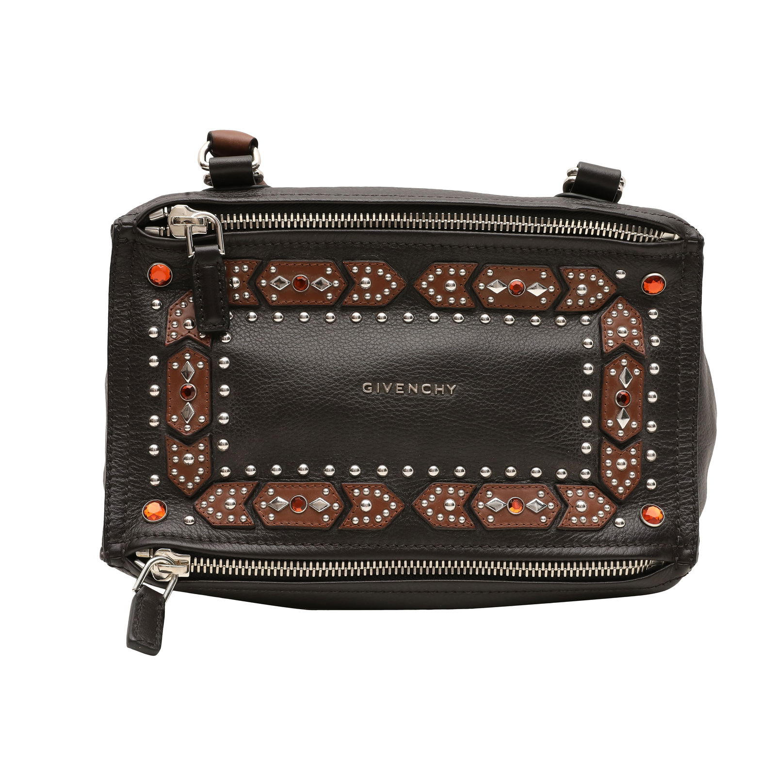 Givenchy Chocolate Small Embellished Pandora Bag: Givenchy Chocolate Small Embellished Pandora Bag grained leather, stud and crystal embellishment, silver tone hardware 26 w x 16 h x 14 d cm Serial code (EF G 0155), 2015 Includes detachable strap Gr