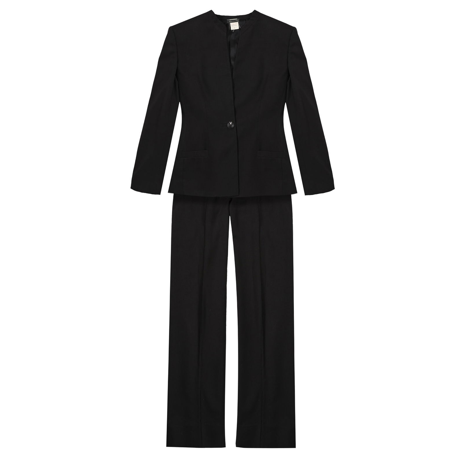 Gianni Versace Black Wool Trouser Suit - Size 40: Gianni Versace Black Wool Trouser Suit - Size 40 silver tone 'Versace' logo plaque, medusa head lining, labelled size 40 (Qty 2) Jacket 47cm chest, 64cm long Trouser 36cm waist, 101cm long Grade B- P