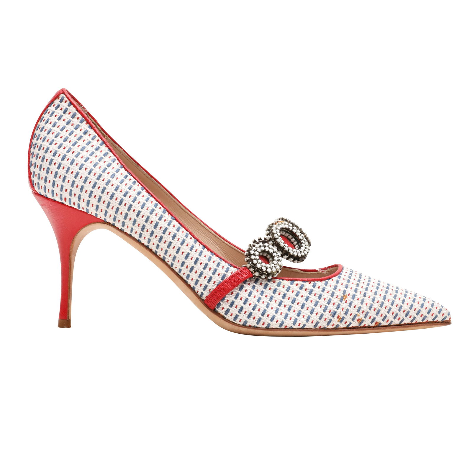 Manolo Blahnik White Embellished Heel Pump - Size 40: Manolo Blahnik White Embellished Heel Pump - Size 40 tweed fabric, red leather trim, white stone embellishment, gunmetal tone hardware, labelled size 40 (UK 7) Heel height 8cm Includes dustbag Grade