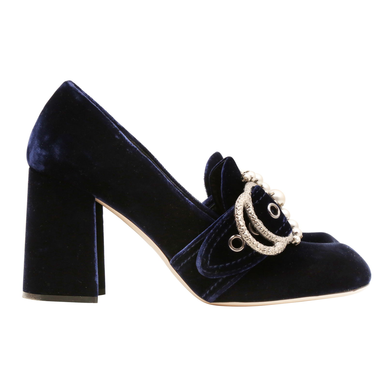 Miu Miu Navy Embellished Heel Loafer - Size 37.5: Miu Miu Navy Embellished Heel Loafer - Size 37.5 velvet fabric, imitation pearl, antique silver tone hardware, labelled size 37.5 (UK 4.5) Heel height 9cm Grade B+ Please log in to Chiswick Live acco