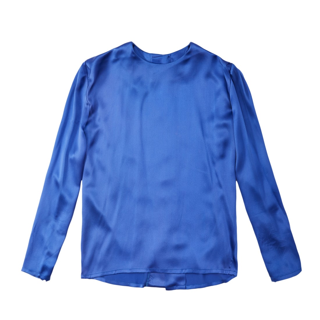Givenchy Blue Silk Satin Collarless Blouse: Givenchy Blue Silk Satin Collarless Blouse concealed button back, 1990s 50cm chest, 84cm long Grade B+ Please log in to Chiswick Live account to view condition report