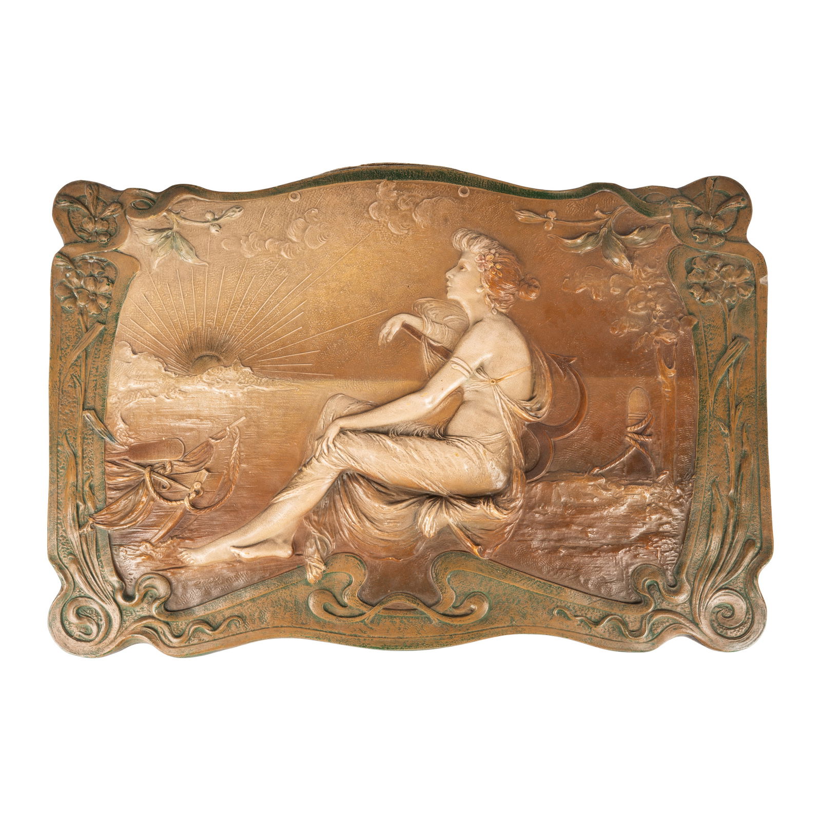 Ernst Wahliss Jugendstil wall hanging plaque in relief depicting maiden regarding the sunset: Circa 1900 Painted plaster Impressed stamp verso 'Made in Austria / Ernst Wahliss / Turn Wien', incised '294' and painted 'D.195' 37 x 56cm