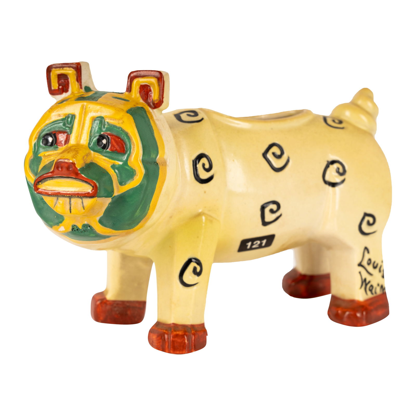 Louis Wain (British 1860-1939) for Max Emanuel and Co., manufactured by Amphora 'Lucky Bully: Circa 1914 Painted and glazed porcelain Painted 'Louis Wain' signature, underside impressed and painted 'Rd No 638315' and impressed 'MADE IN ENGLAND' 9.5cm high Provenance:The collection of Pat and D