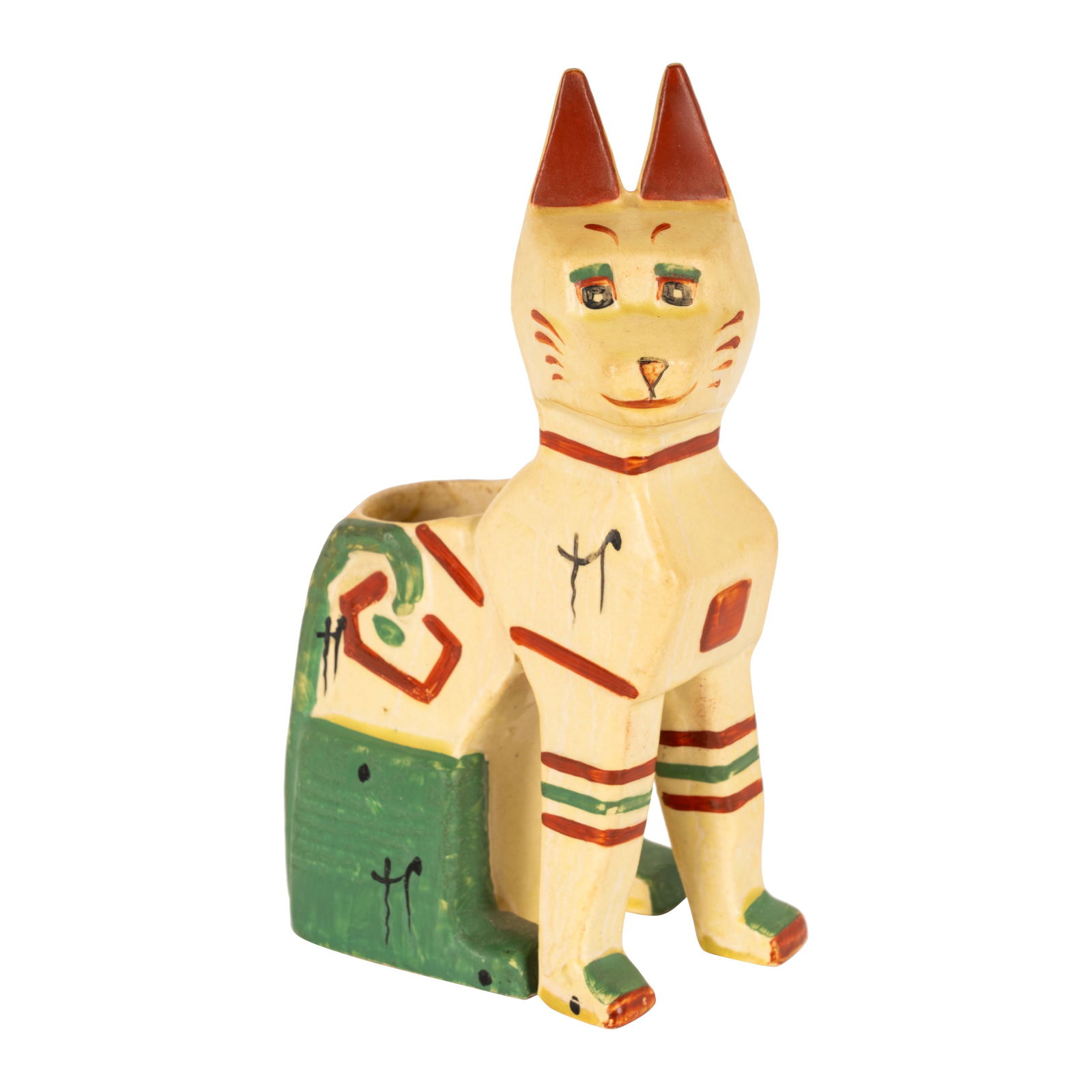 Louis Wain (British 1860-1939) for Max Emanuel and Co., manufactured by Amphora 'Lucky Egyptian Cat': Circa 1914 Painted and glazed porcelain Signed 'Louis Wain', underside indistinctly impressed Registration No. 638318 and stamped 'MADE IN ENGLAND' 15.5cm high Provenance:The collection of Pat and Dav