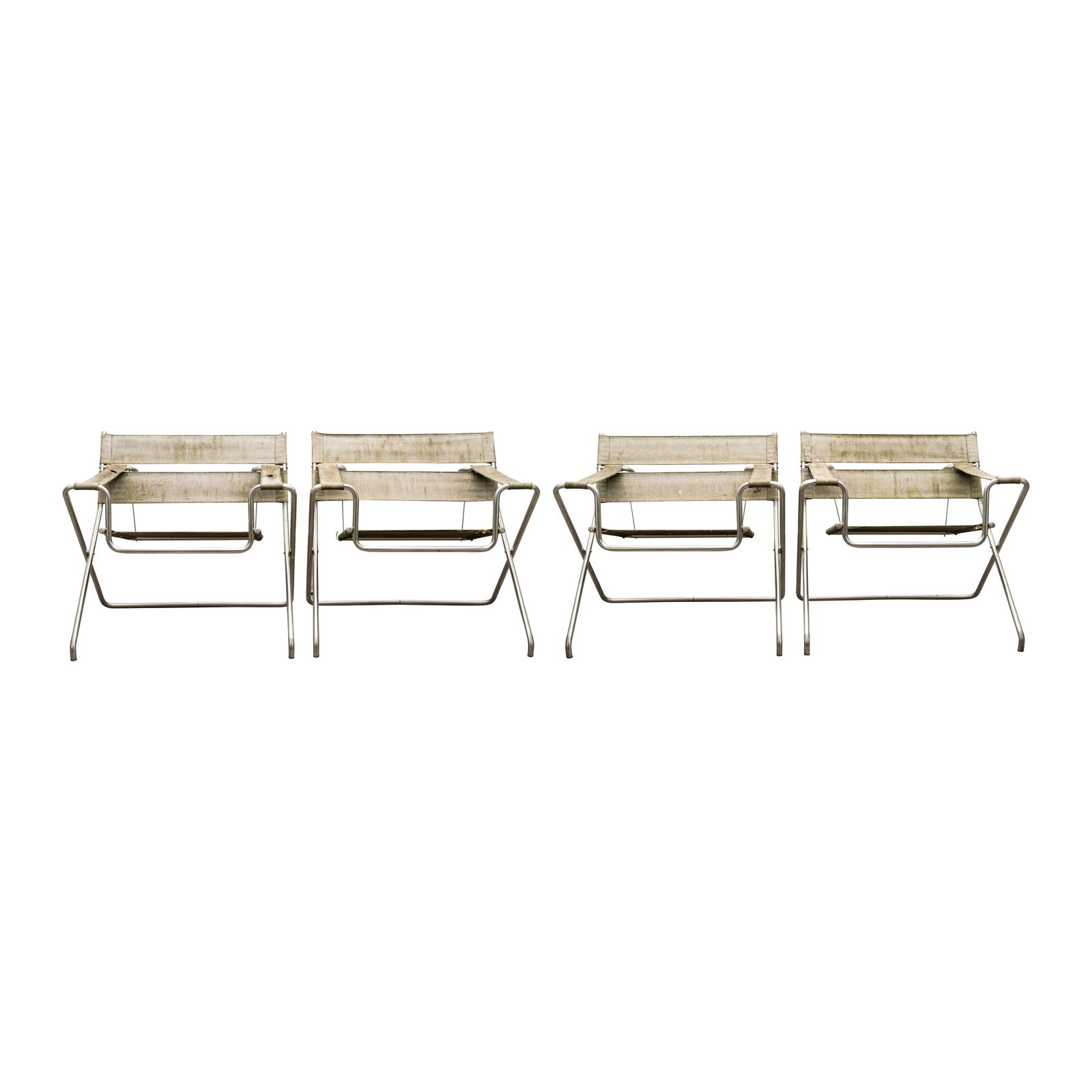 Marcel Breuer (Hungarian-American 1902-1981) for Tecta, Germany Four D4 Bauhaus folding chairs: Originally designed 1920s Fabric upholstery, chrome 70m high x 79cm wide x 59cm deep