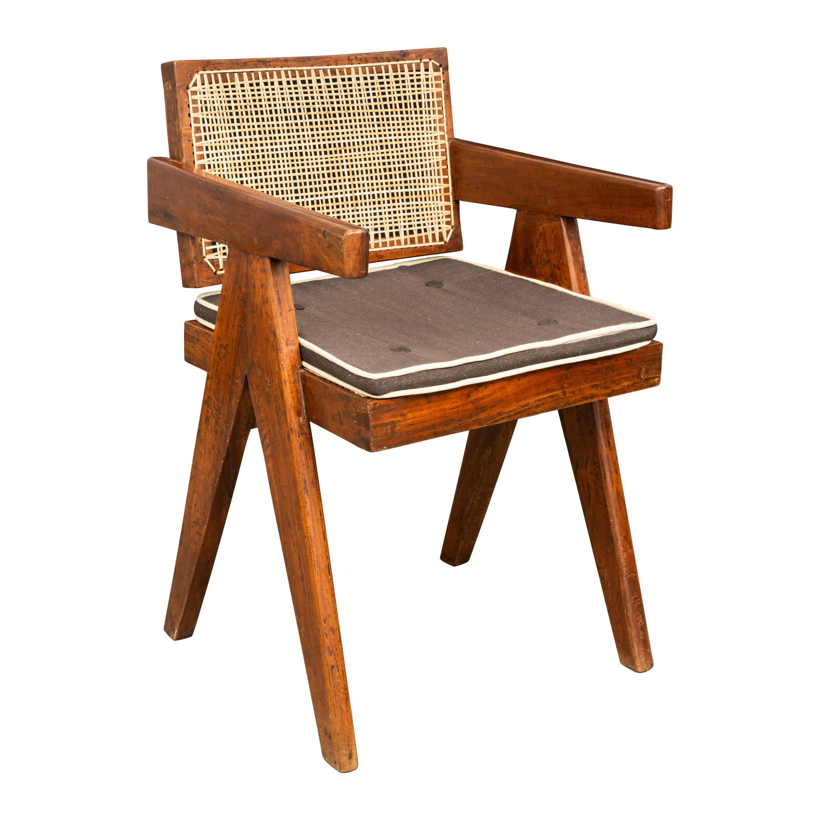 Pierre Jeanneret (French 1896-1965) Chandigarh chair: 1950s Designed for Punjab University, Chandigarh Teak, cane, upholstered seat cushion 79cm high x 50cm wide x 54cm deep