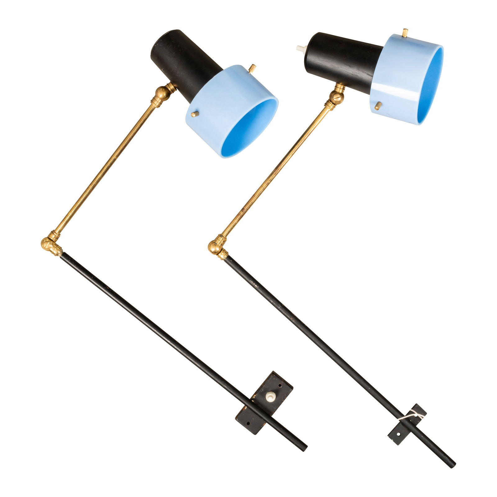 Stilnovo, Italy Pair of wall lamps: Circa 1960s Enamel, brass Approx 58cm long Provenance:From the personal collection of Stella McCartney. Chiswick Auctions would like to thank the Stella McCartney for allowing us to present her person