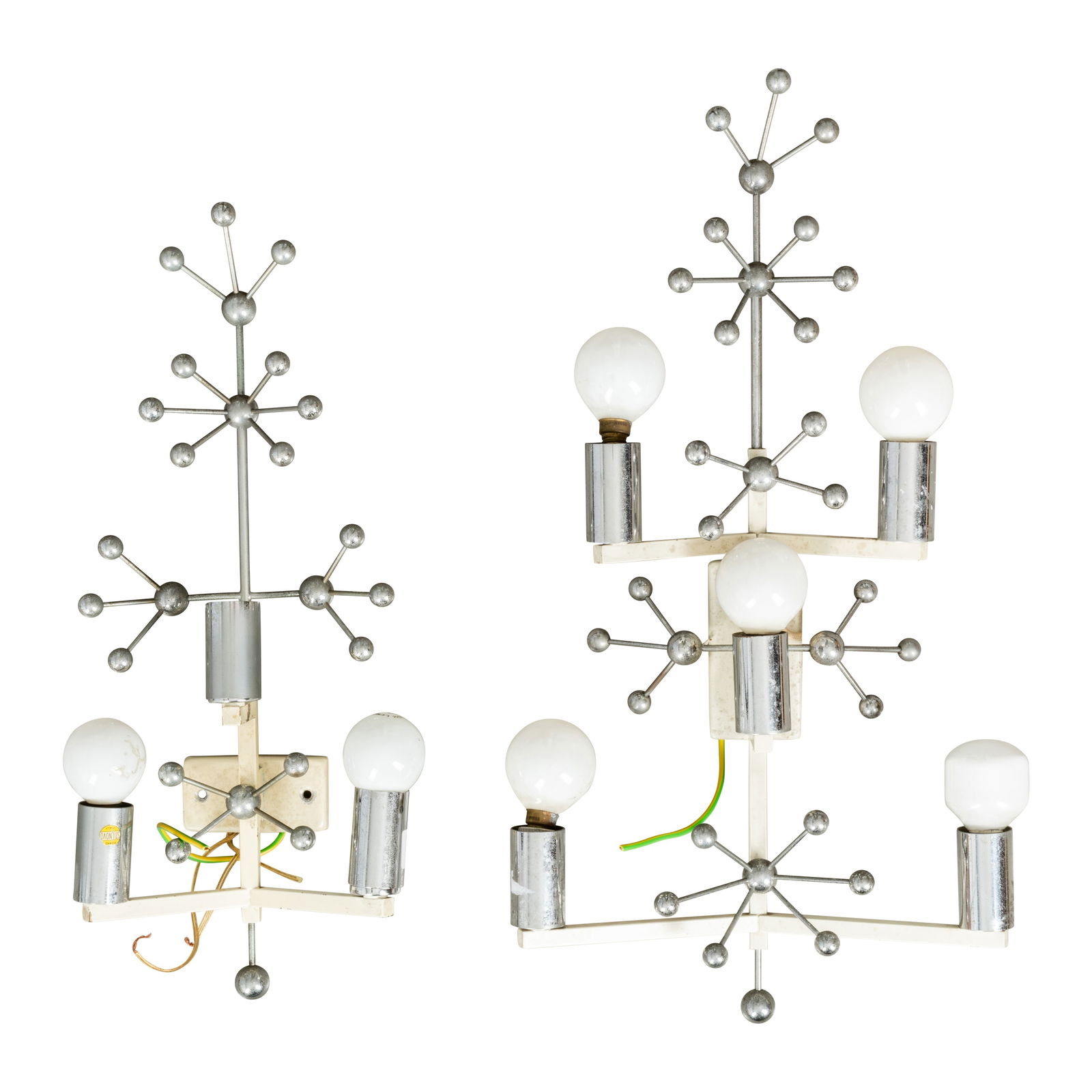 Cosack Leuchten, German Near Pair of Space Age Sputnik Wall Sconces: Circa 1970s Chromed metal, enamelled metal 52cm high x 27cm wide Qty: (2) Provenance:From the personal collection of Stella McCartney. Chiswick Auctions would like to thank the Stella McCartney for al