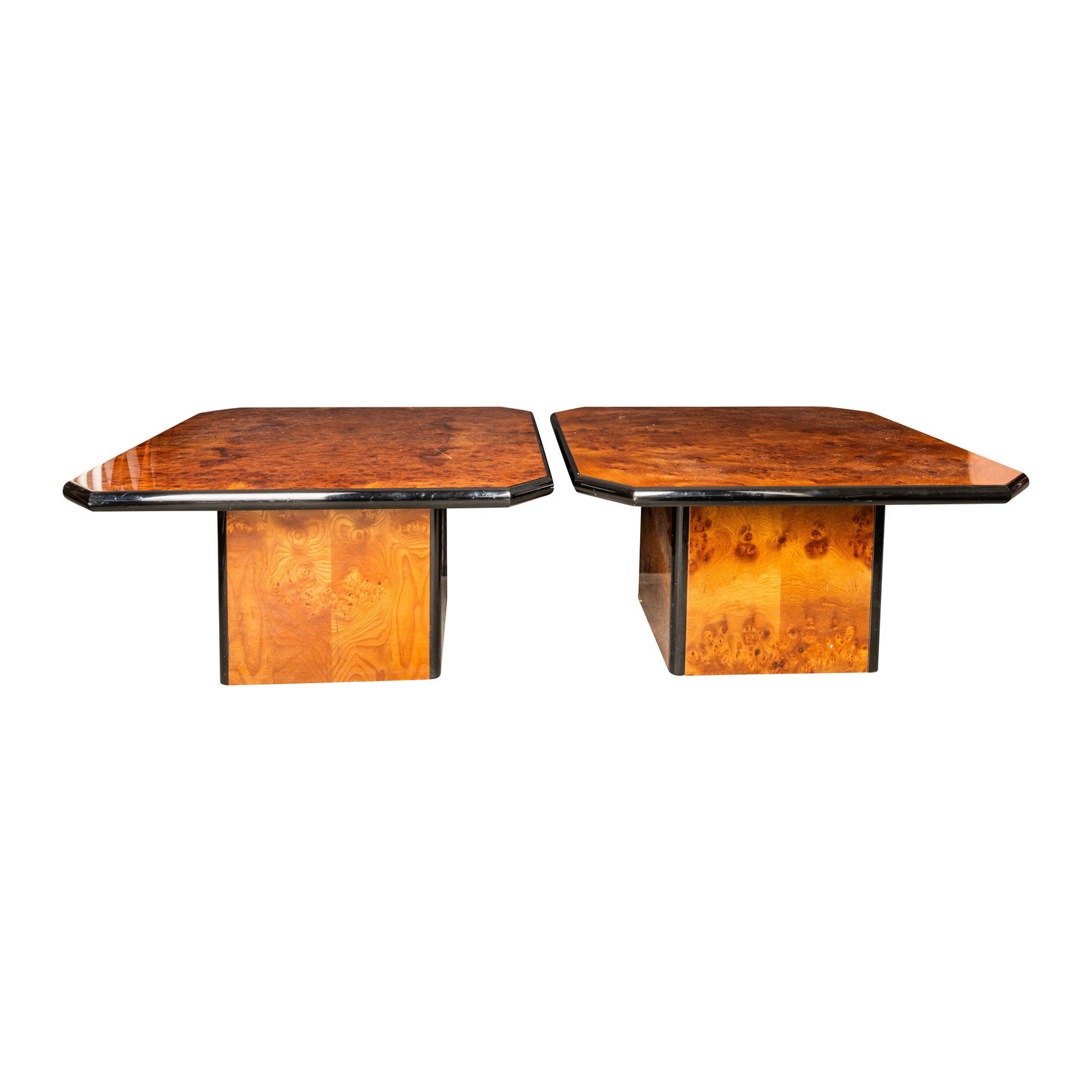 Maison Lancel, France Pair of Coffee Tables: Late 20th Century Lacquered Amboyna Burr 'Lancel Paris' plaque to base 37.5cm high 69cm wide x 69cm deep