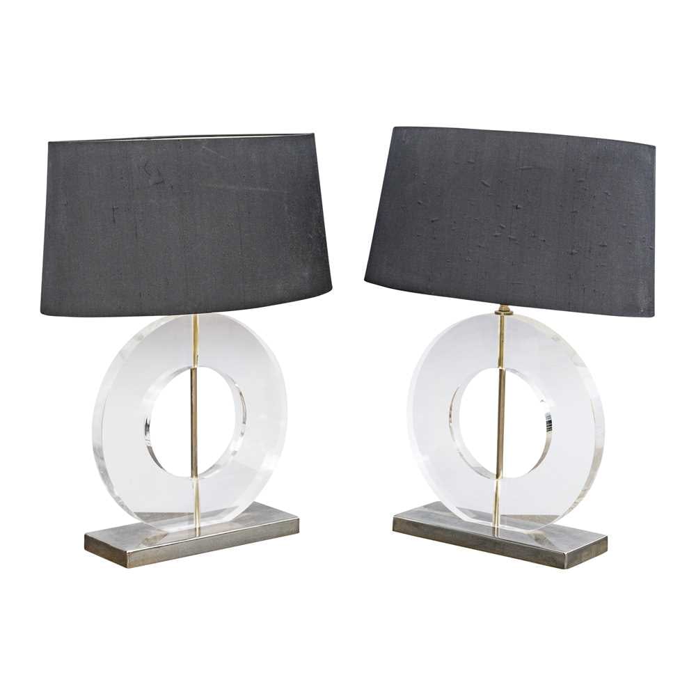 Porta Romana Pair of 'Polo' Lamps: Contemporary Perspex, chromed metal, black fabric shade Applied Porta Romana label to shade interior 57cm high