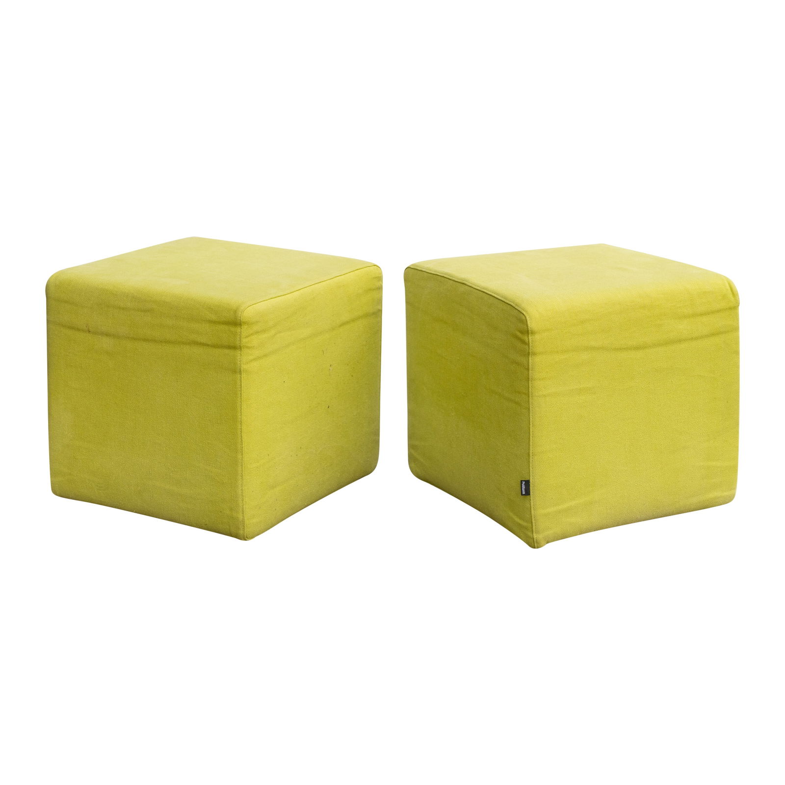 Poliforn, Italy Pair of Ottomans: Circa 2000s Green upholstery, black plastic feet Fabric Poliform label to the seam 38cm high x 40cm wide x 40cm deep