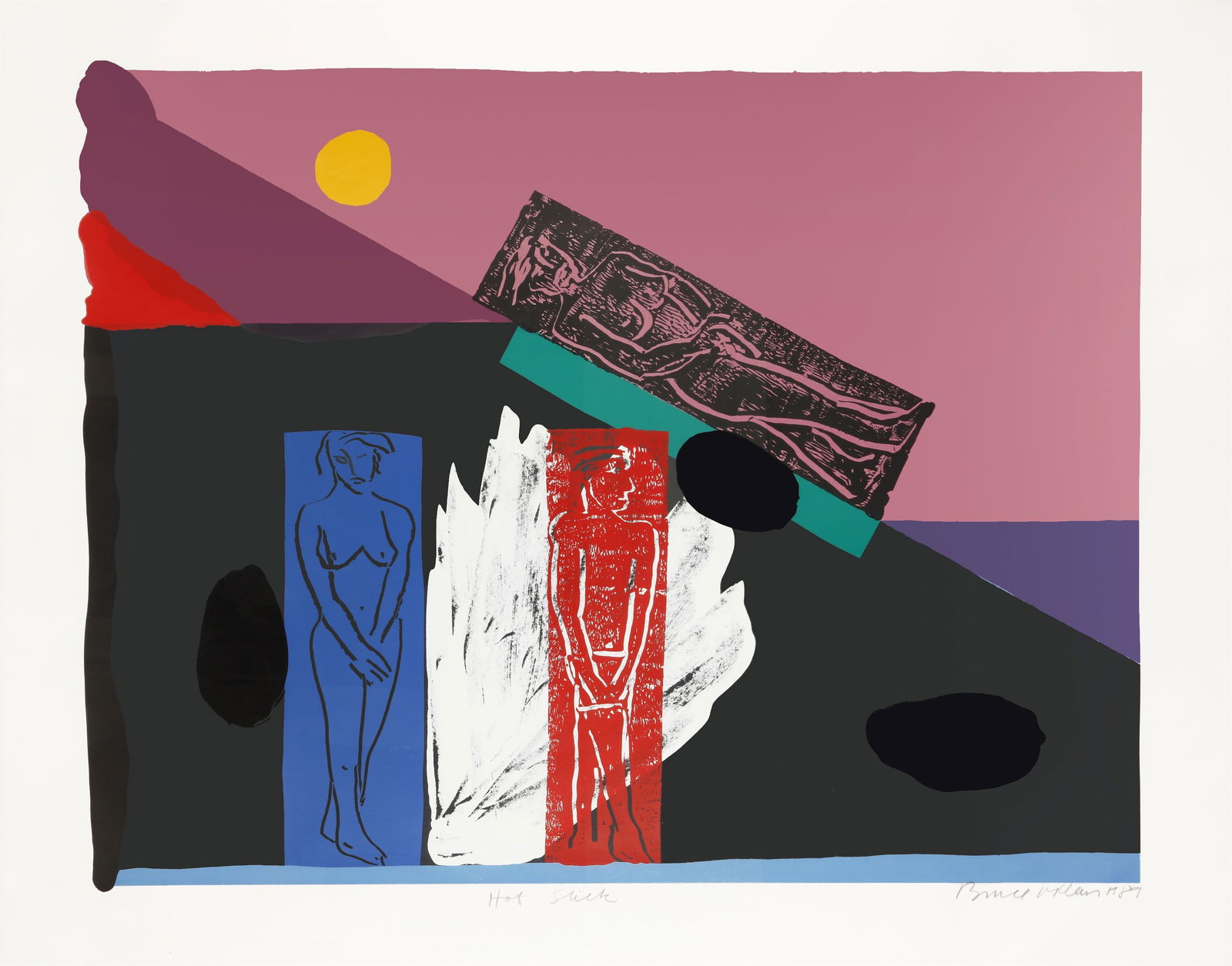 § Bruce McLean (Scottish b.1944) Hot Slick: 1981 signed, dated, titled and numbered 41/250 in pencil screenprint in colours on wove framed ARR Size:(image 98.5 x 127cm) Notes: Reference: see Tate, London, accession number P11267 for another exa