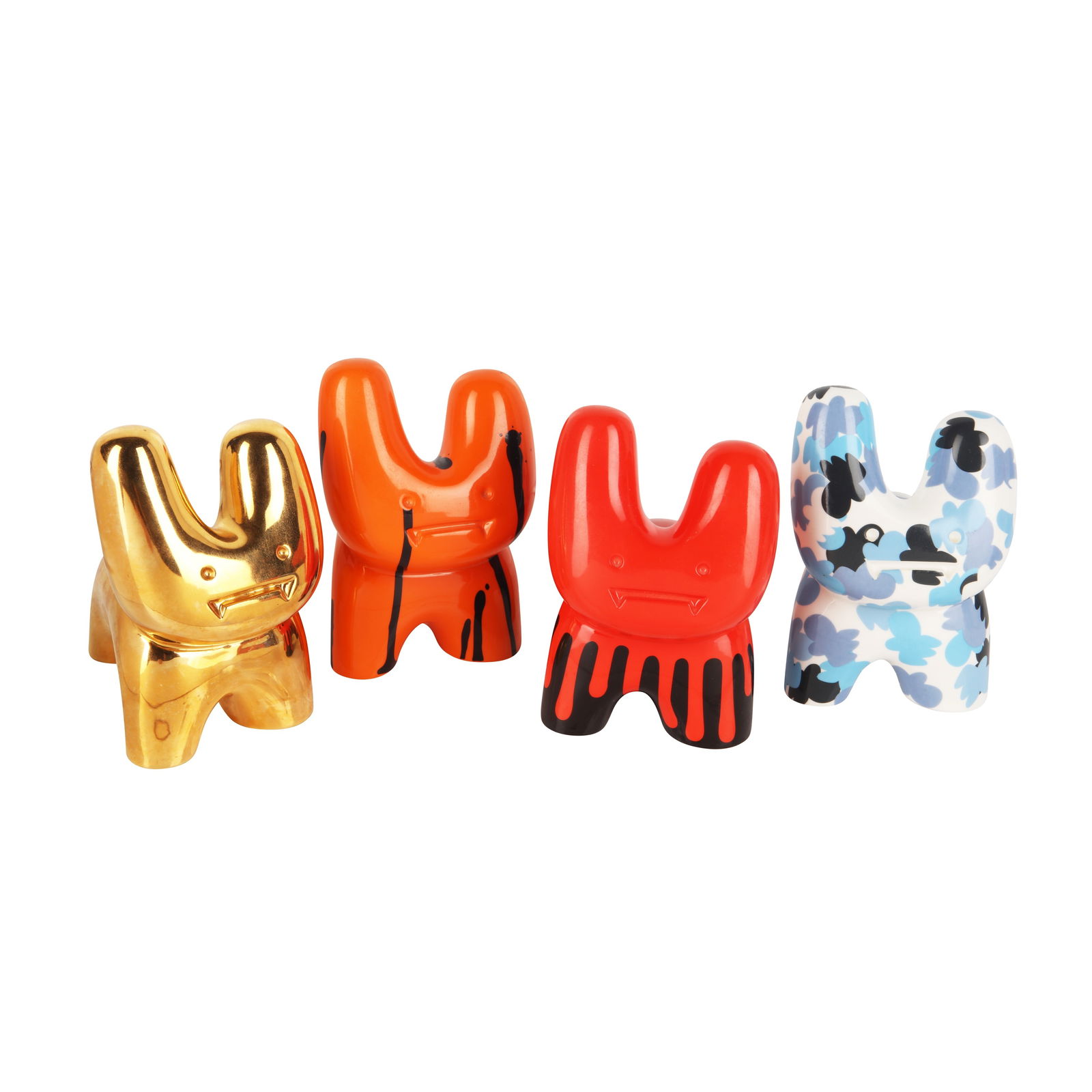 Pure Evil (British, b.1968) Bunnies (Camo, Dripped & Dripped, Nightmare, Gold): 2015 each signed, titled and numbered variously from editions of 2015 in glaze to base bone china multiples published and produced by Royal Doulton ARR Size:(each 14.2 x 9 x 13cm) Qty: (4)