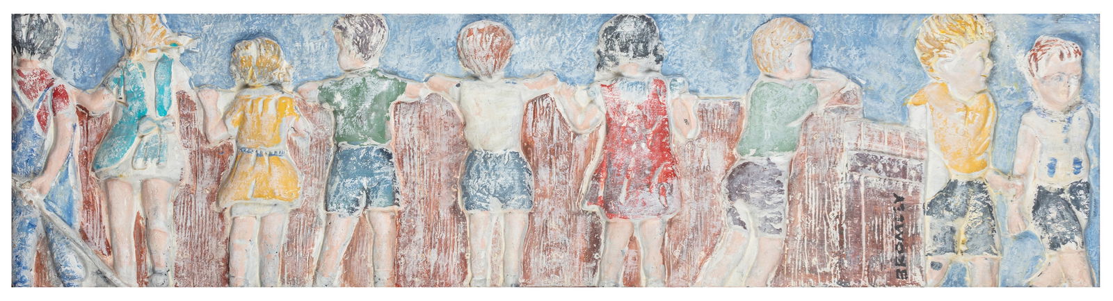 § David Bromley (Australian, b.1960) At the wall: signed 'BROMLEY' (lower centre right) painted relief Size:(33 x 124 cm. (13 x 48 3/4 in.))