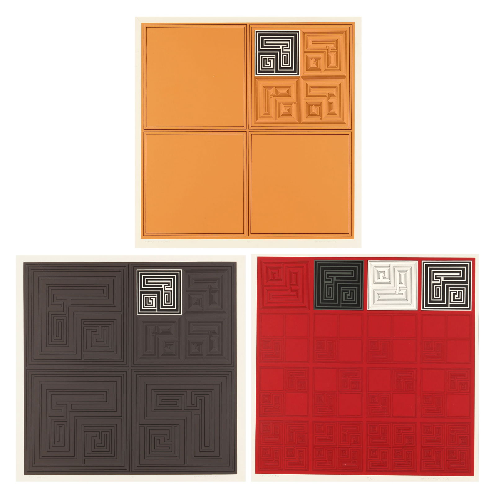§ Gordon House (British, 1932-2004) Red Matrices, Grey Matrices, Orange Matrices: § Gordon House (British, 1932-2004) Red Matrices, Grey Matrices, Orange Matrices 1967each signed, dated, titled and numbered from editions of 75 in pencilthree screenprints in colours on wovefra