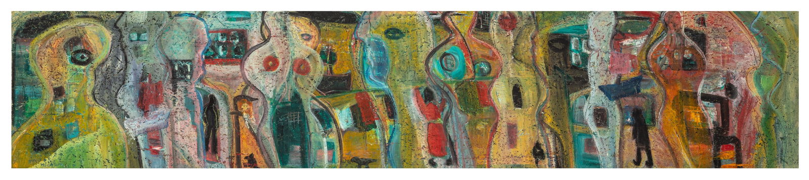 David Morrison (British, b.1974) Dream City People: David Morrison (British, b.1974) Dream City People signed, titled and dated 'DREAM - CITY - PEOPLE / David Morrison / 1973' (on the backboard)oil on board Dimensions:28 x 136 cm. (11 x 53 1/2 in.)