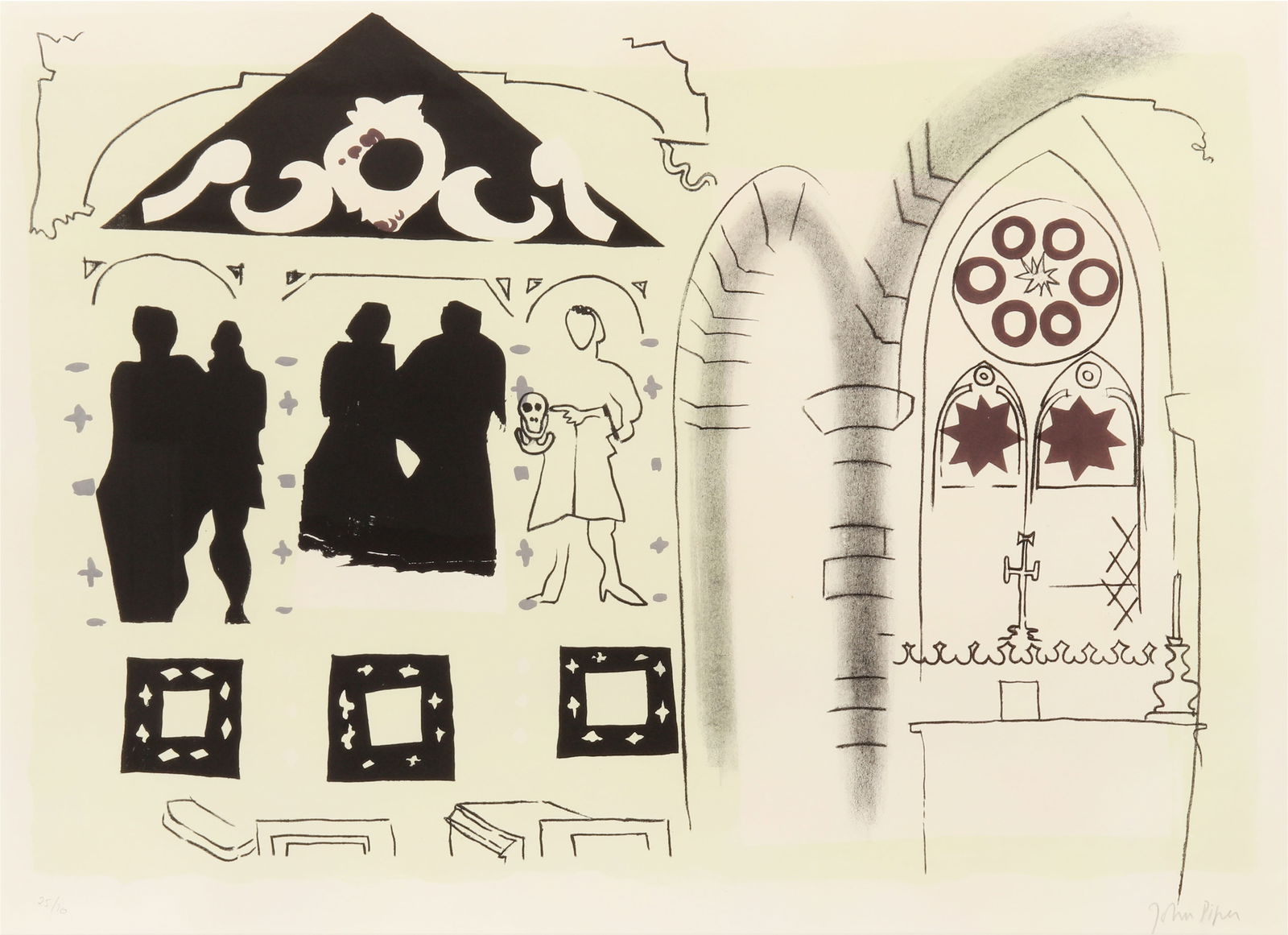 § John Piper C.H. (British, 1903-1992) Rudbaxton, Pembrokeshire: 17th Century Monument, 19th Ce: § John Piper C.H. (British, 1903-1992) Rudbaxton, Pembrokeshire: 17th Century Monument, 19th Century Furnishings [Levinson 131] 1964signed and numbered 25/70 in pencillithograph in colours on 28