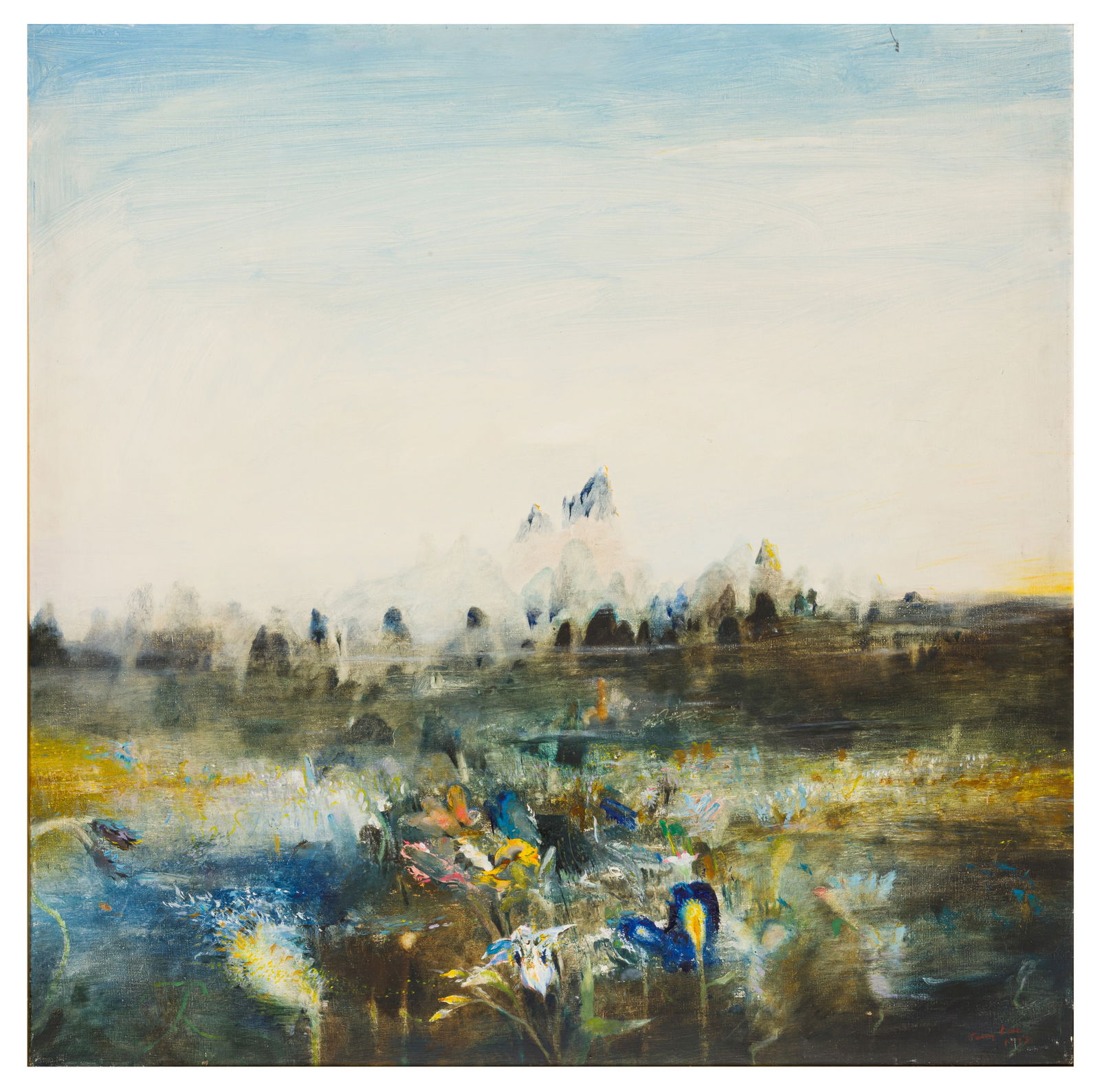 § Terry Lee (British, b.1932) Flowers, Marsh and Distant Peak: § Terry Lee (British, b.1932) Flowers, Marsh and Distant Peak signed and dated 'Terry Lee/ 1973' (lower right); further signed, titled and dated again 'Terry Lee 1973/ FLOWERS, MARSH AND DISTANT