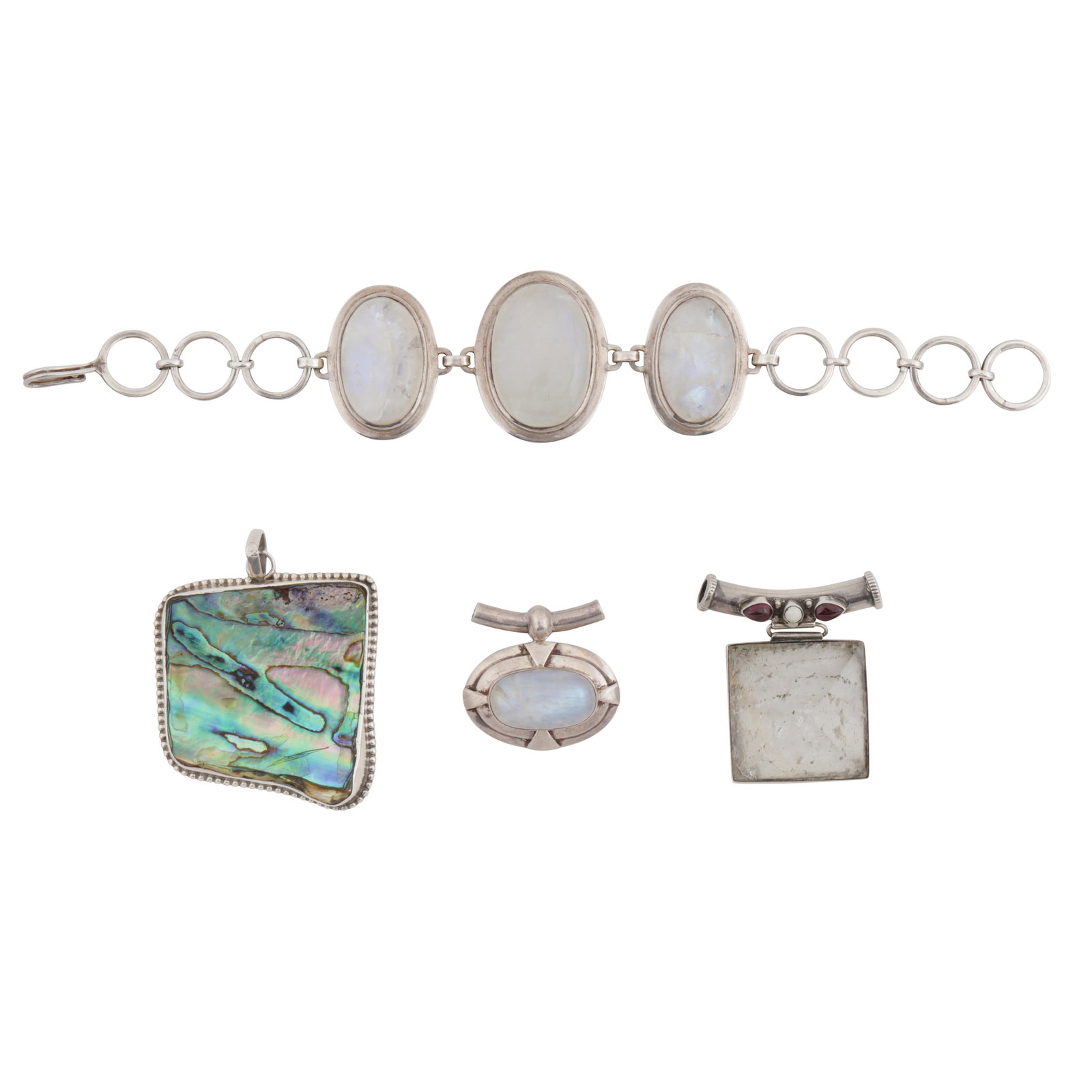 A collection of gem set jewellery: A collection of gem set jewellery To include a graduated moonstone bracelet of oval design, and three pendants, set with gemstones such as moonstone, abalone pearl, and garnet, mounted in white metal
