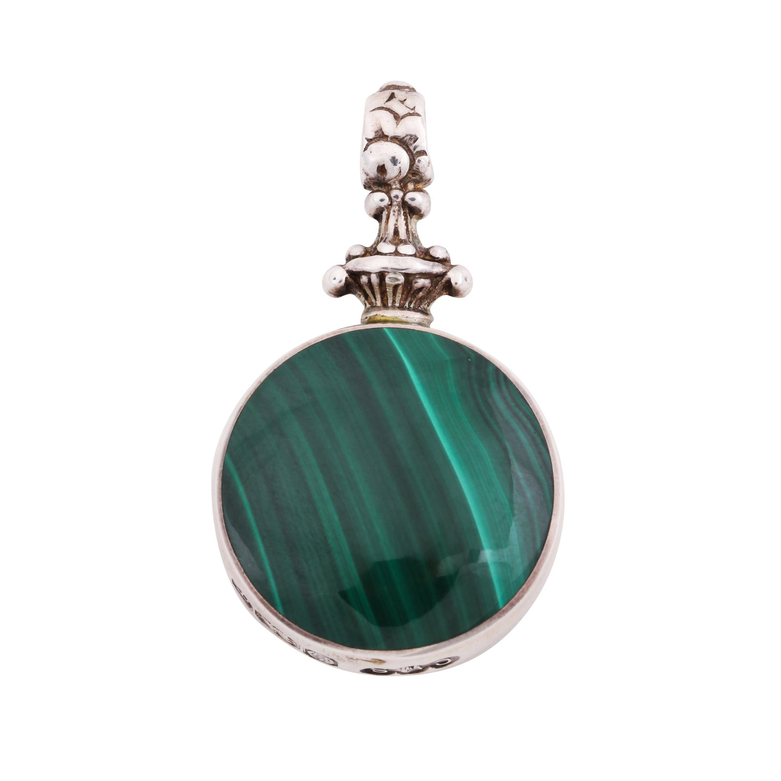A mother of pearl and malachite pendant: A mother of pearl and malachite pendant Of circular design, set to the front with a collet-set cabochon of malachite and to the reverse with mother-of-pearl, the ornate bail of reeded form with flora