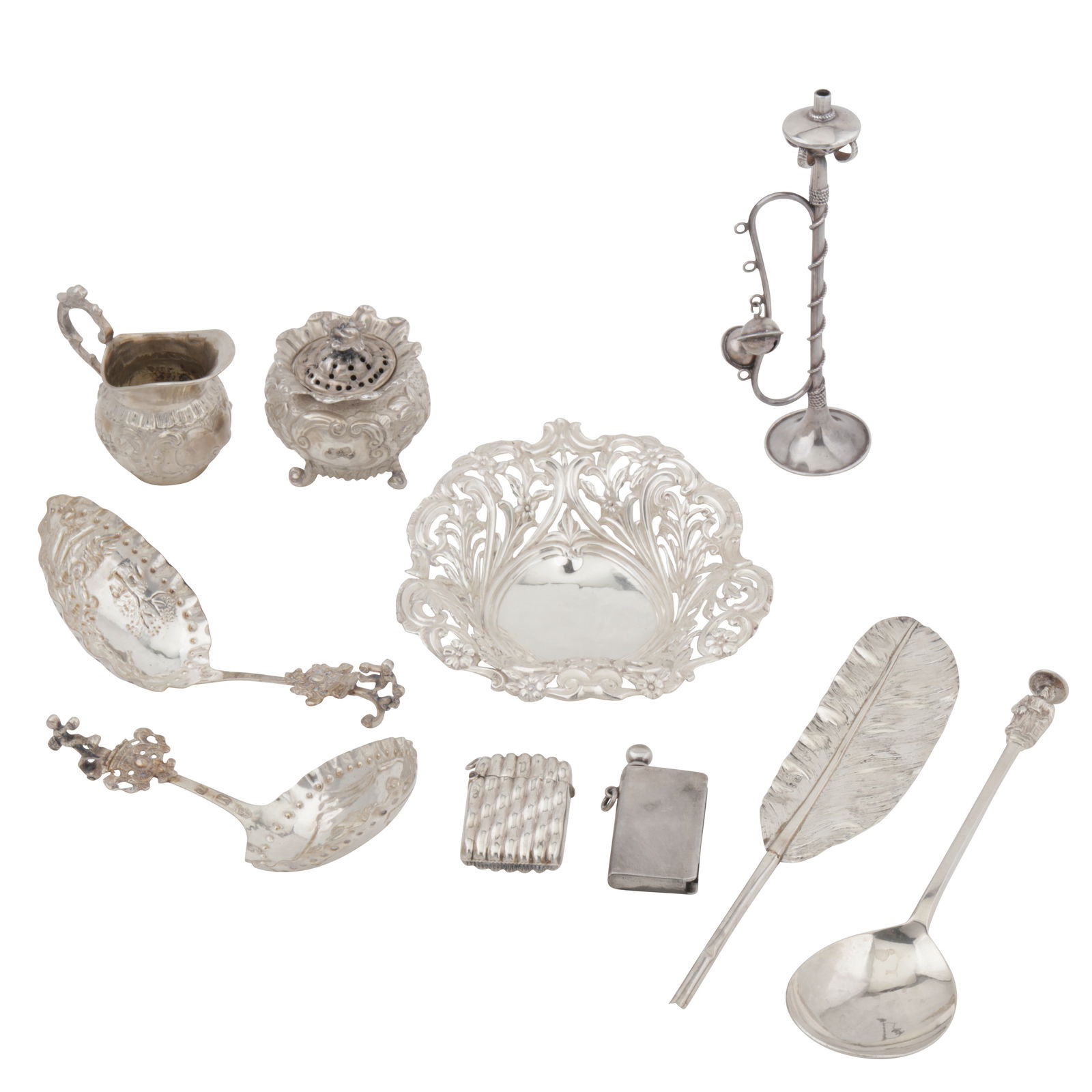 London circa 1800 by George Gray A George III sterling silver dip pen: London circa 1800 by George Gray A George III sterling silver dip pen Formed as a feather, sections deficient, part-marked. A George III muffineer or powder pot, London 1819 by Joseph Biggs (reg. 26t