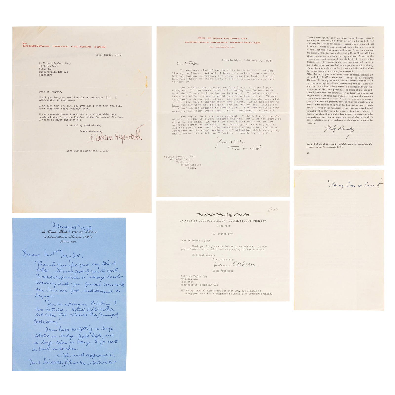 Hepworth (Barbara) Typed letter signed to A. Nelson Taylor: Hepworth (Barbara) Typed letter signed to A. Nelson Taylor The letter, on personalised stationery, reads "I am glad that you like St. Ives and I hope that you will have many happy holidays here. Unde