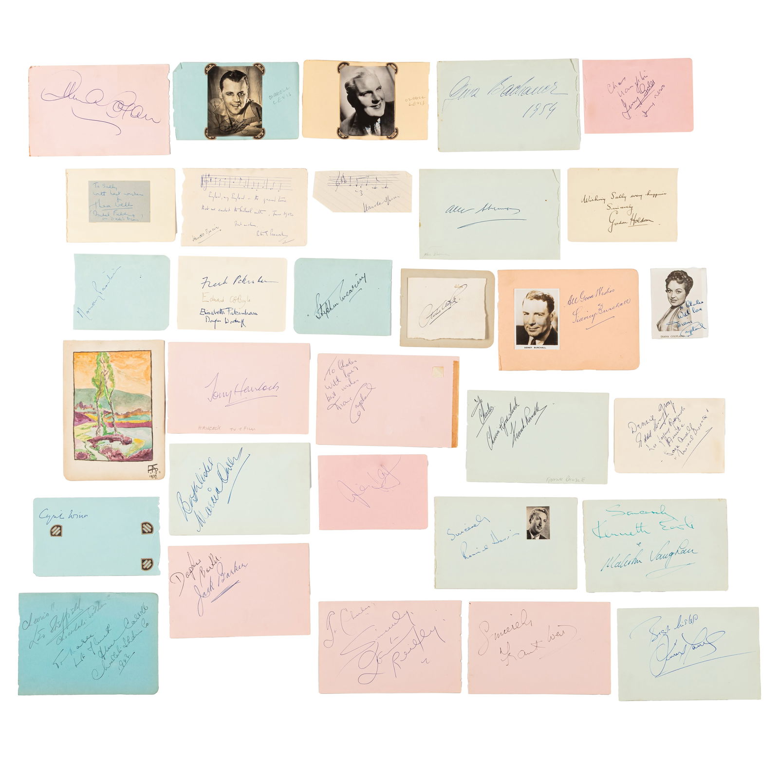 Autograph Collection.- Actors & Entertainers Signed album pages: Autograph Collection.- Actors & Entertainers Signed album pages Selection of loose album pages signed by Tony Hancock, Avis Scott, Diana Coupland, Frank Randle, Arthur Askey, Sidney Burchall, Alma Co