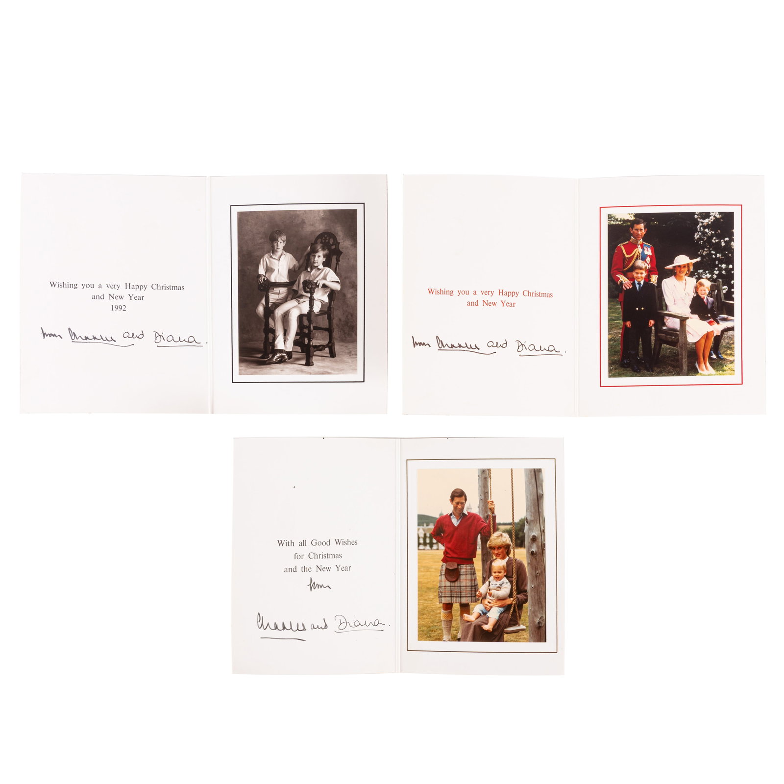 Charles III, King of the United Kingdom and Diana, Princess of Wales Royal Christmas Card, 1983: Charles III, King of the United Kingdom and Diana, Princess of Wales Royal Christmas Card, 1983 A Royal Christmas card from 1983, signed by Prince Charles and Princess Diana below printed greetings,