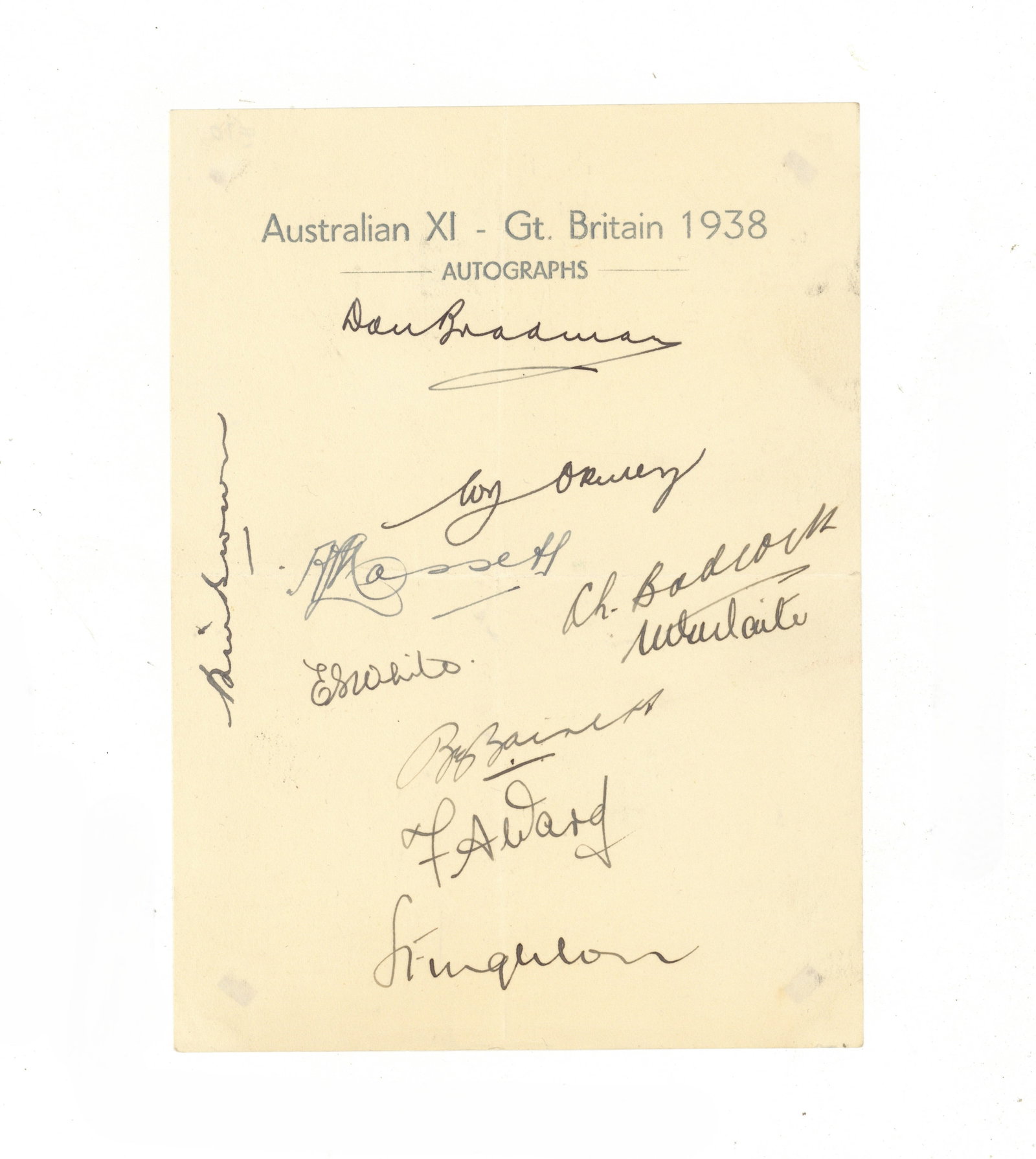 Cricket Interest.- Incl. Don Bradman Australian Team to Great Britain, 1938: Cricket Interest.- Incl. Don Bradman Australian Team to Great Britain, 1938 Set of signatures by the Australian cricket team touring Great Britain in 1938, comprising: Don Bradman, William O'Reilly,