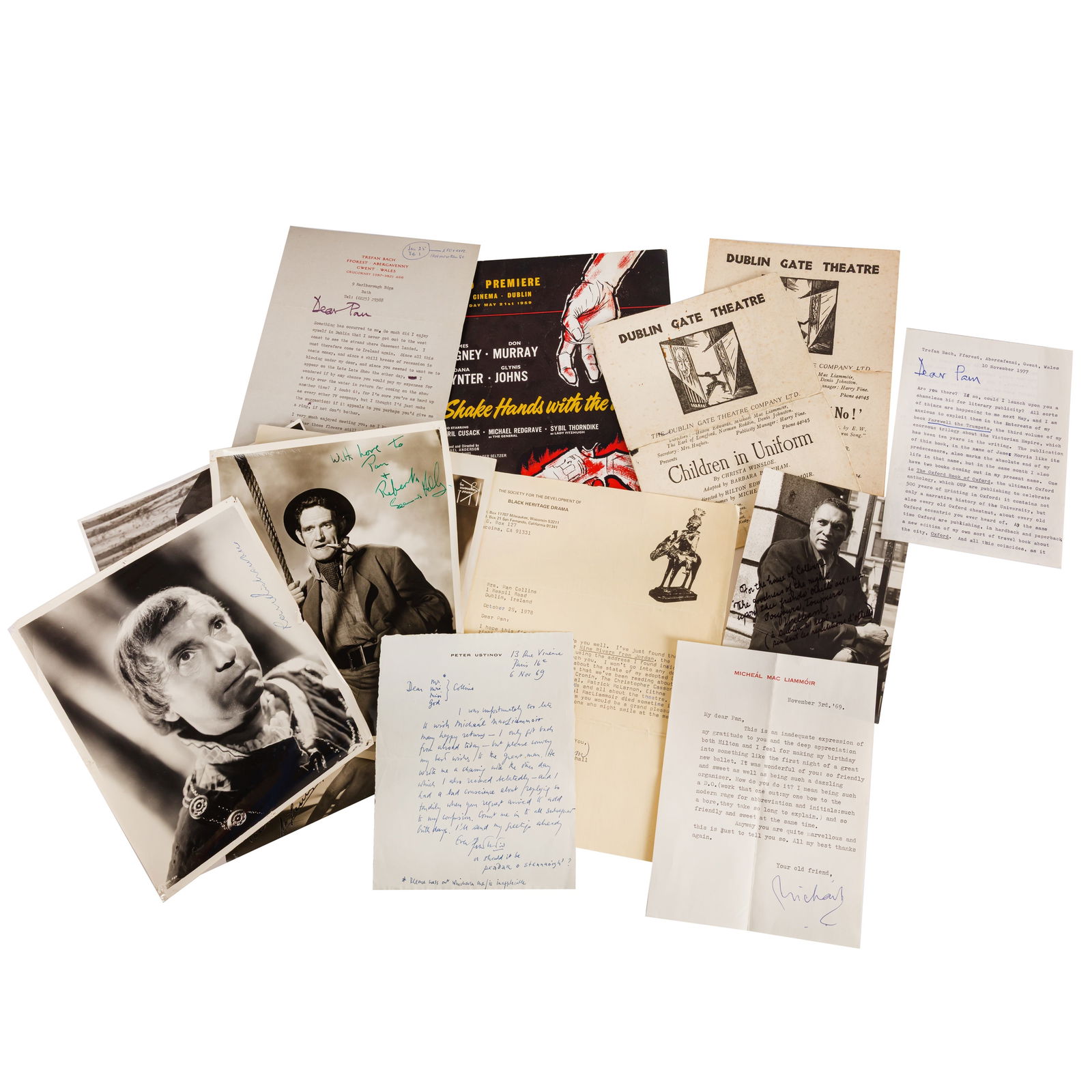 Autograph Collection.- Incl. Peter Ustinov Signed letters and photographs: Autograph Collection.- Incl. Peter Ustinov Signed letters and photographs Group of letters and photographs signed by various theatre and movie actors and authors, mostly addressed or inscribed to Pan