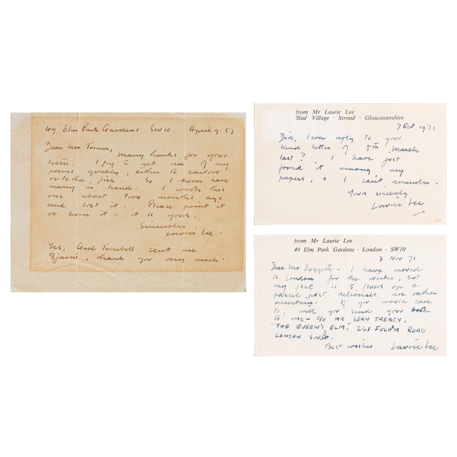 Lee (Laurie) Three signed cards: Lee (Laurie) Three signed cards Three autograph cards signed by poet and novelist Laurie Lee, to different recipients, on reading "I try to get rid of my poems quickly, either to editors or to the