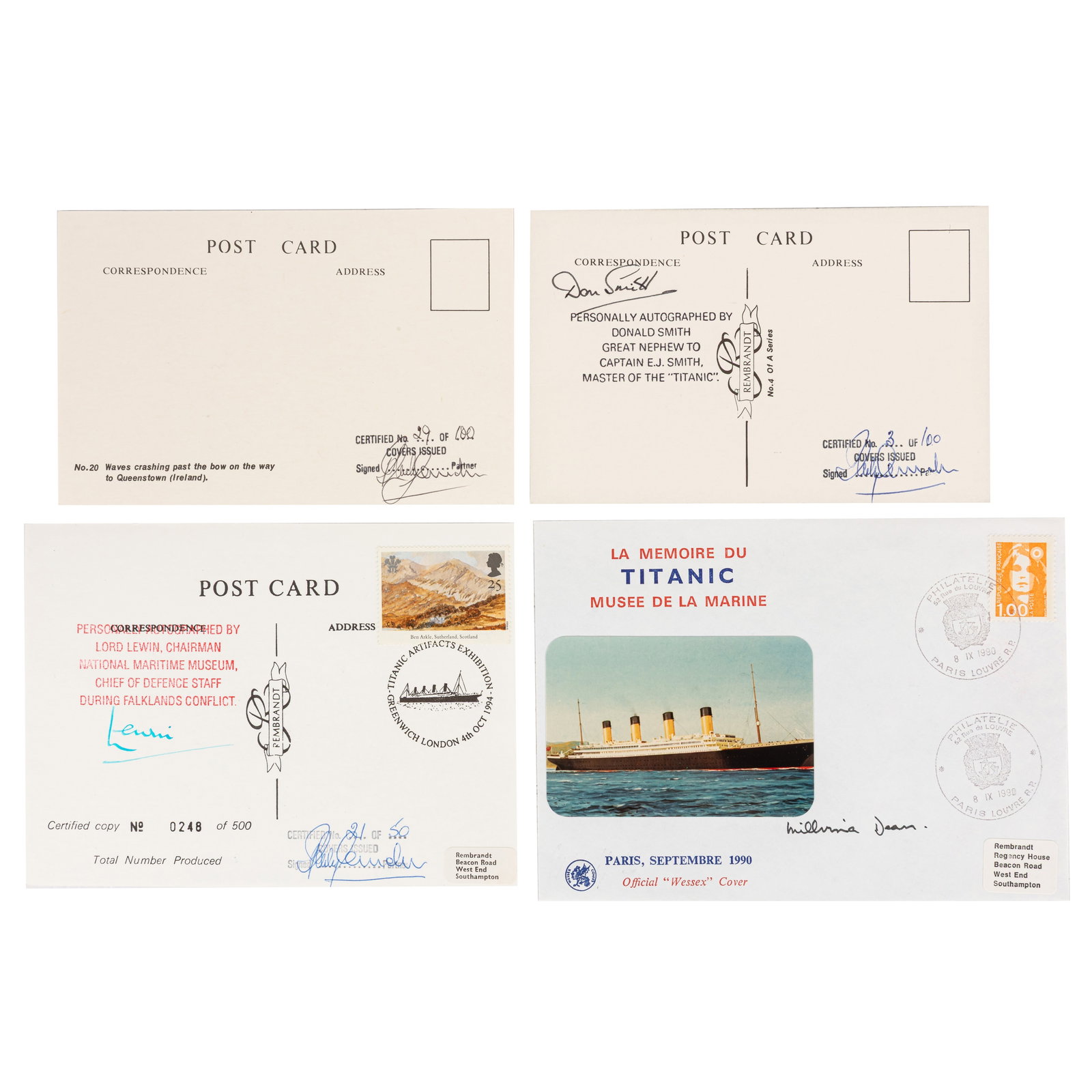 Titanic Interest.- Incl. Millvina Dean: Titanic Interest.- Incl. Millvina Dean A group of Titanic related signatures, including: a French cover signed by Titanic survivor Millvina Dean; a postcard signed by Margaret Howman (daughter of