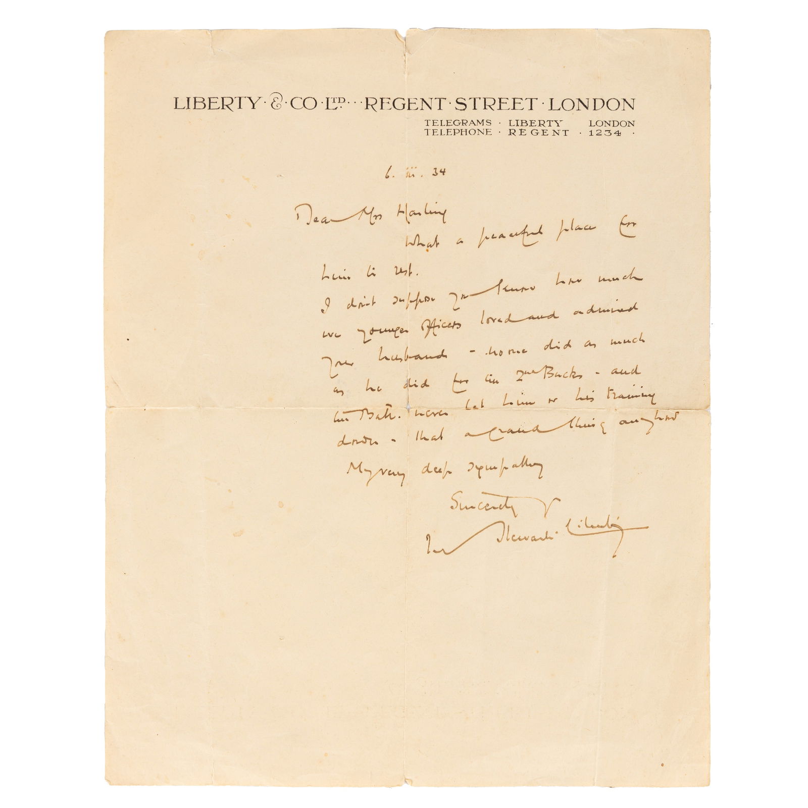 Stewart-Liberty (Ivor) Autograph letter signed ("Ivor Stewart Liberty"): Stewart-Liberty (Ivor) Autograph letter signed ("Ivor Stewart Liberty") The letter, on 'Liberty & Co. headed paper, is addressed to a Mrs Hastings and reads "I don't suppose you know how much we