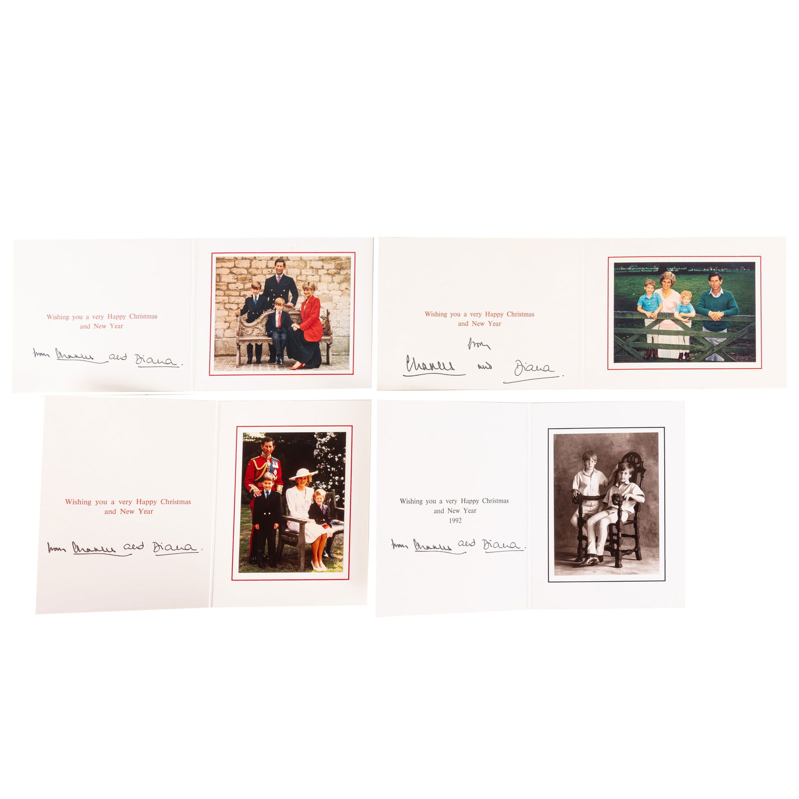 Charles III, King of the United Kingdom and Diana, Princess of Wales Royal Christmas card, 1989: Charles III, King of the United Kingdom and Diana, Princess of Wales Royal Christmas card, 1989 A Royal Christmas card from 1989, signed by Prince Charles and Princess Diana below printed greetings,