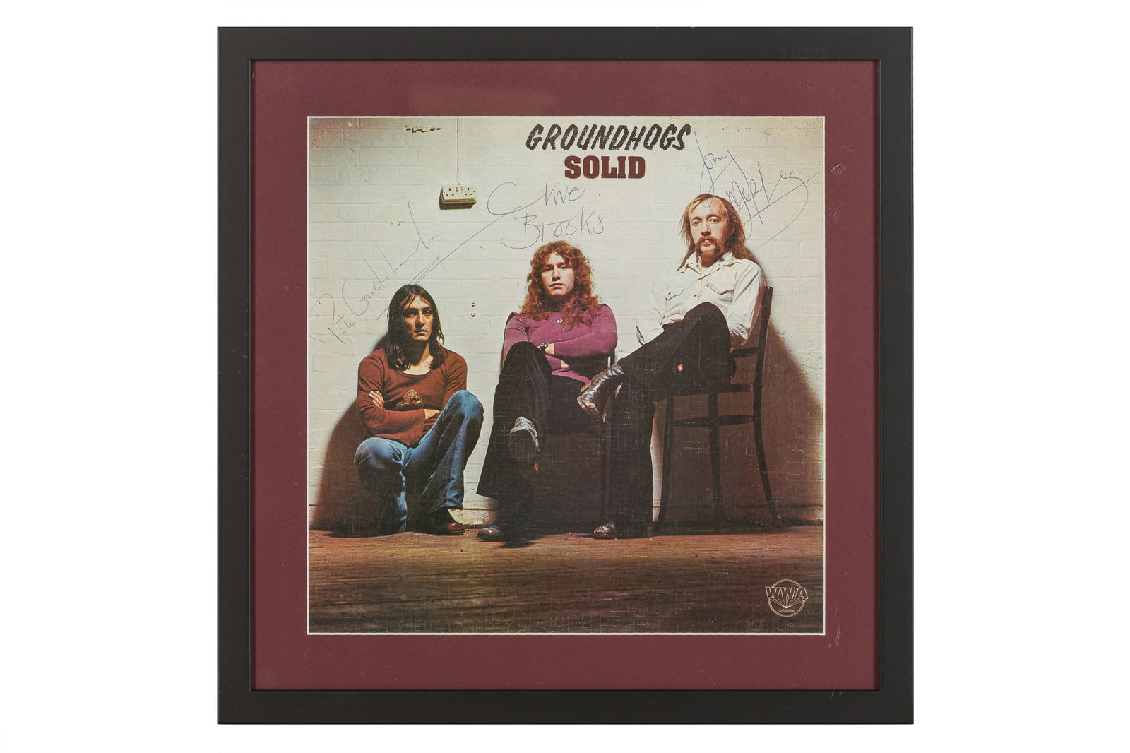 The Groundhogs Signed album: The Groundhogs Signed album A signed 12" vinyl copy of the album "Groundhogs Solid" (1974), signed on the front by Tony McPhee, Peter Cruikshank and Clive Brooks, mounted, framed and glazed. 