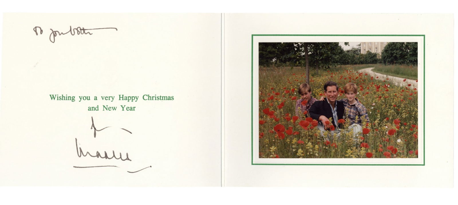 Charles III, King of the United Kingdom Royal Christmas card, 1994: Charles III, King of the United Kingdom Royal Christmas card, 1994 Royal Christmas cards for 1994, signed by Charles as Prince of Wales below printed greetings, colour photograph of Prince Charles