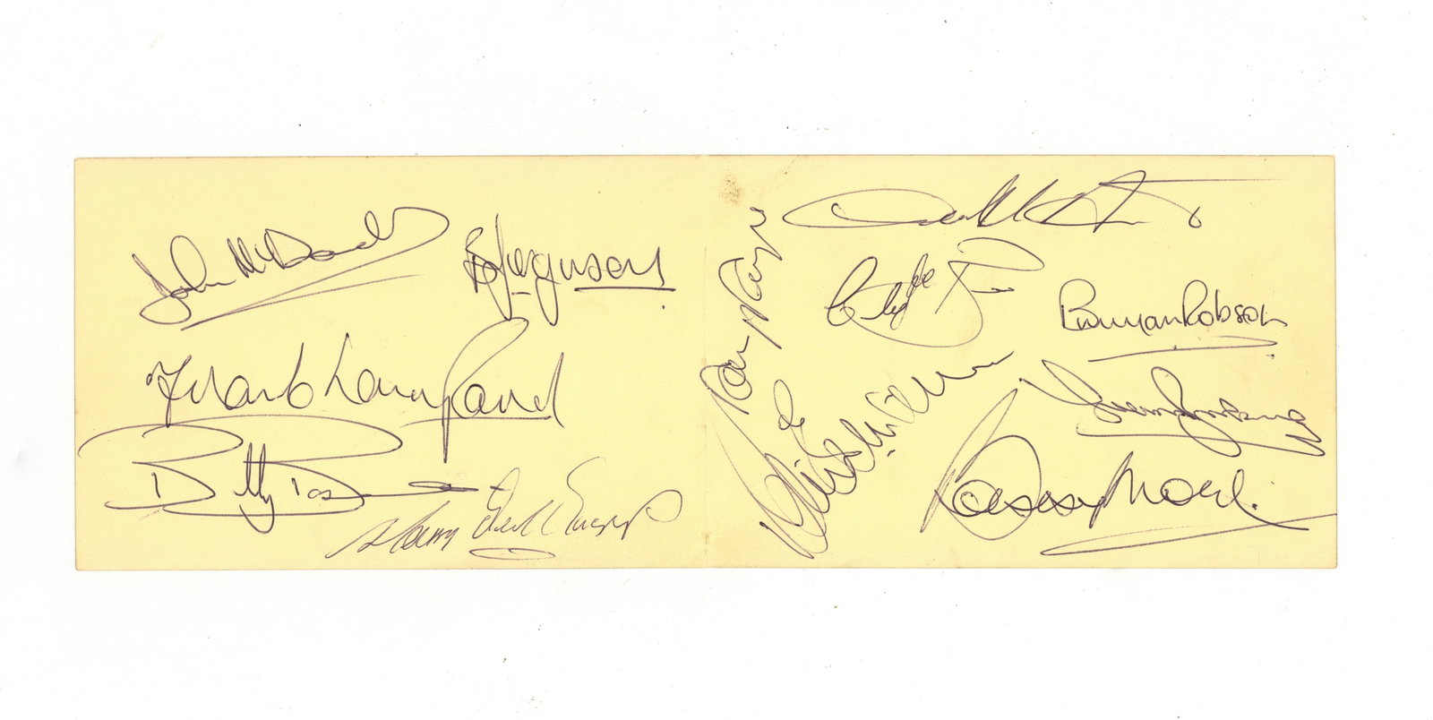 Football Interest.- Incl. Bobby Moore Set of signatures by various footballers: Football Interest.- Incl. Bobby Moore Set of signatures by various footballers including: Bobby Moore, Bryan Robson, Bobby Ferguson, Frank Lampard Snr, John McDowell, Billy Bonds, Clyde Best and