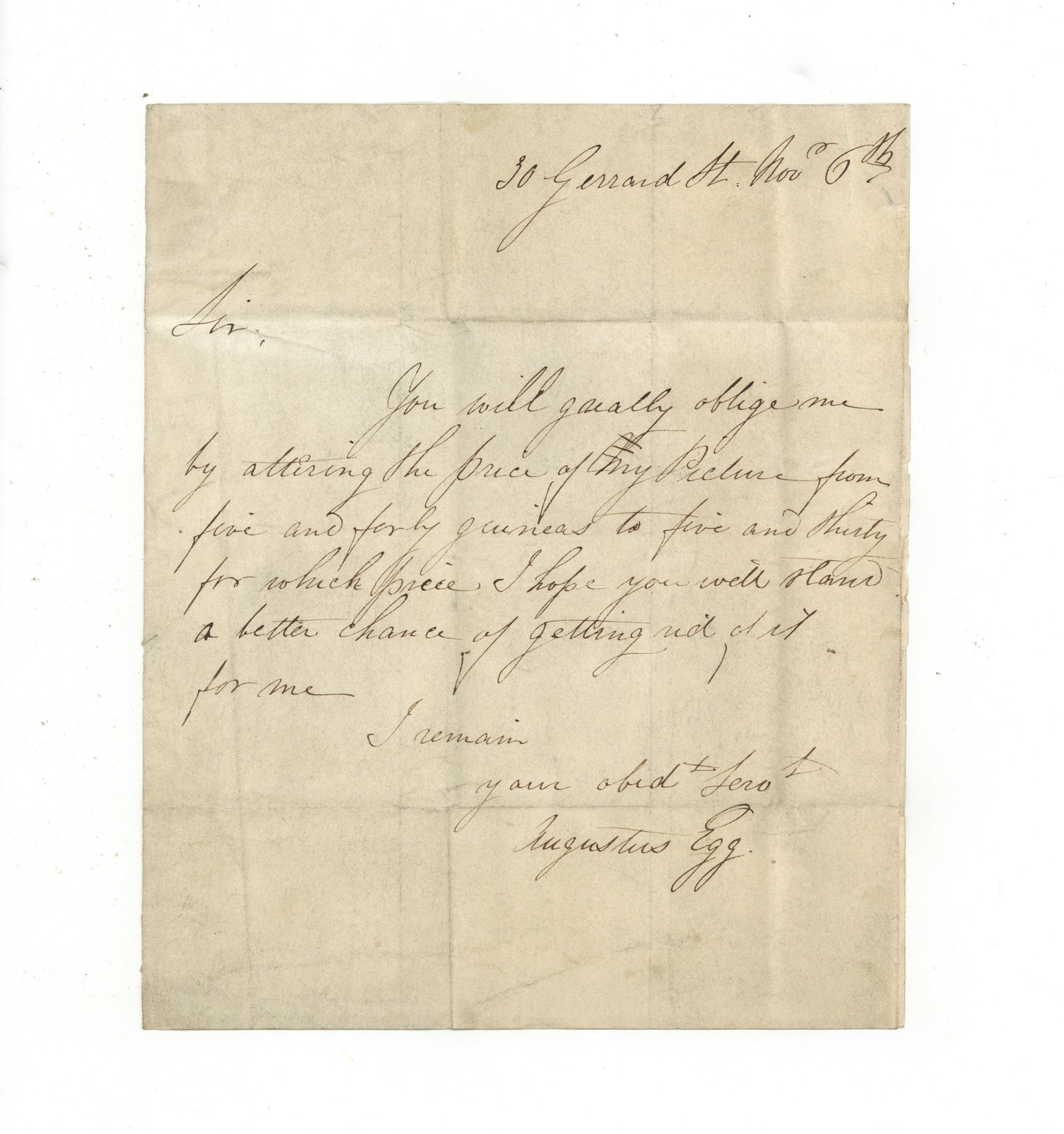 Egg (Augustus) Autograph letter signed: Egg (Augustus) Autograph letter signed Autograph letter signed ("Augustus Egg") to Mr Chamberlaine, Royal Institution, Manchester, reading "You will greatly oblige me by altering the price of my