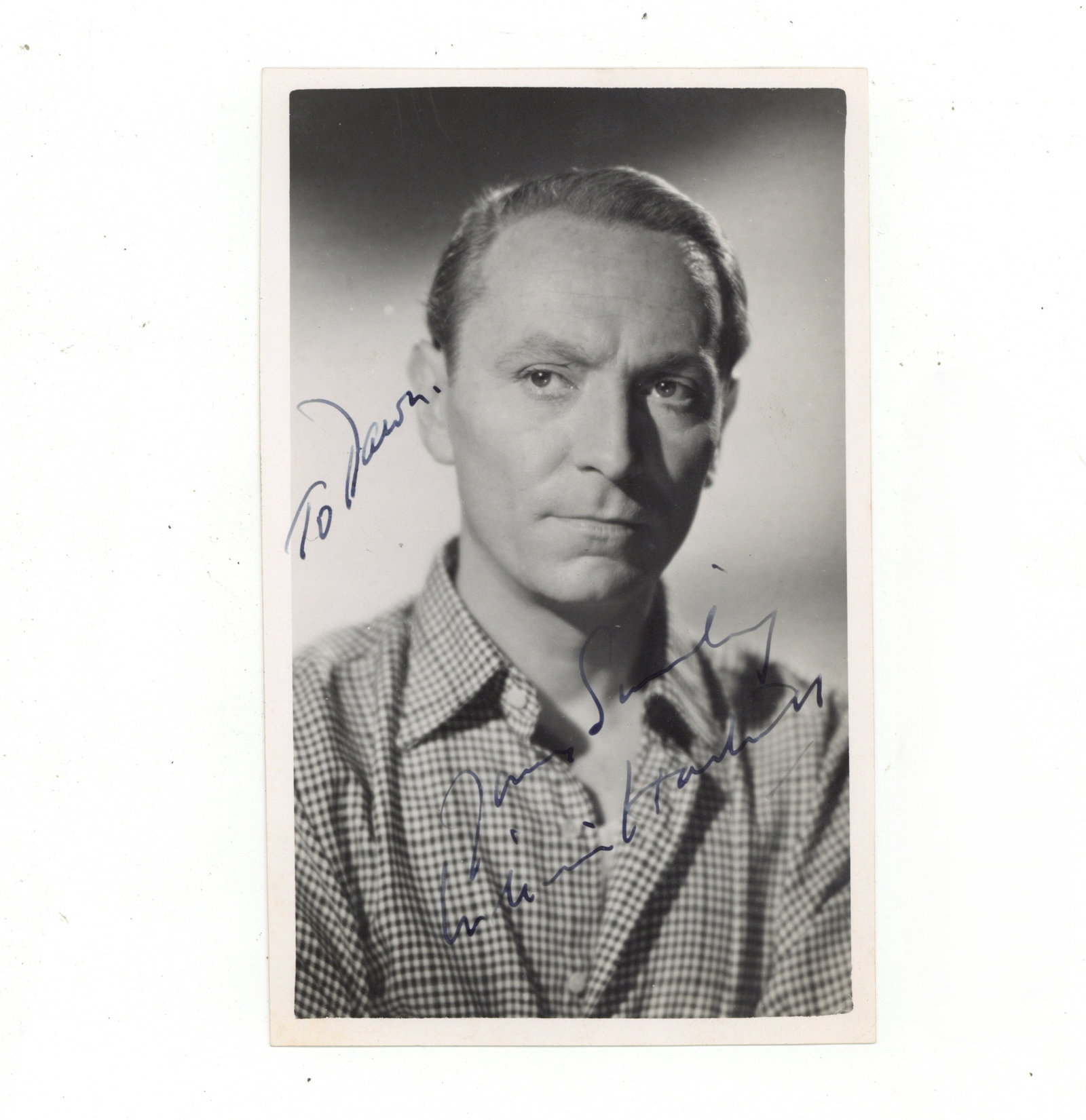 Hartnell (William) Signed photograph: Hartnell (William) Signed photograph Vintage black and white photograph of William Hartnell (the first Dr. Who) in a head and shoulders pose, signed and inscribed in blue ink "To Dawn, your